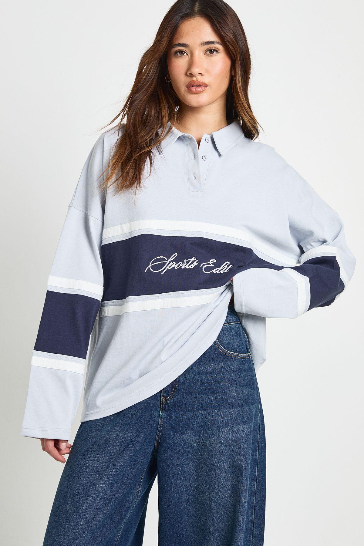 Embroidered Contrast Panel Rugby Top by BOOHOO