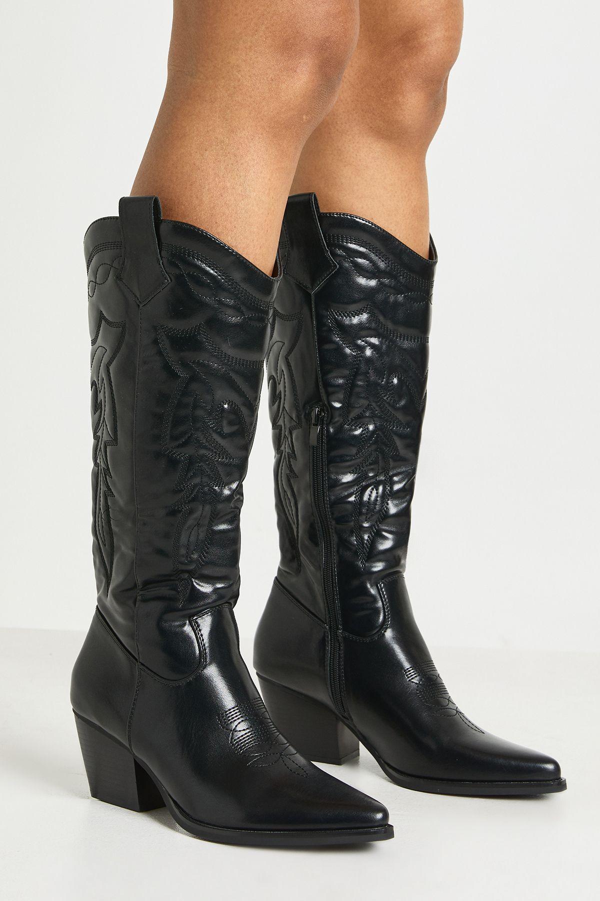Embroidered Knee High Western Boots by BOOHOO