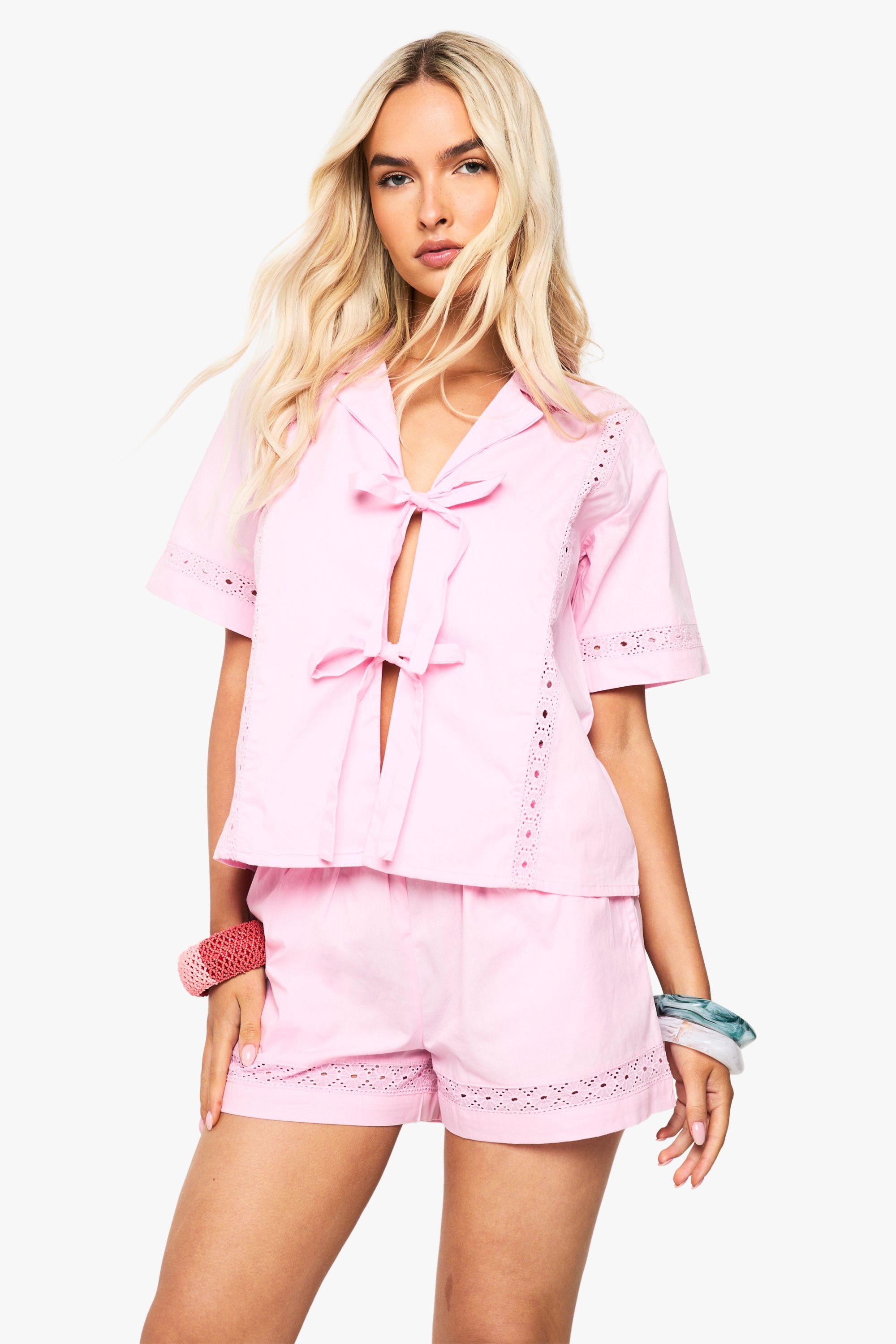 Embroidered Poplin Tie Front Shirt by BOOHOO