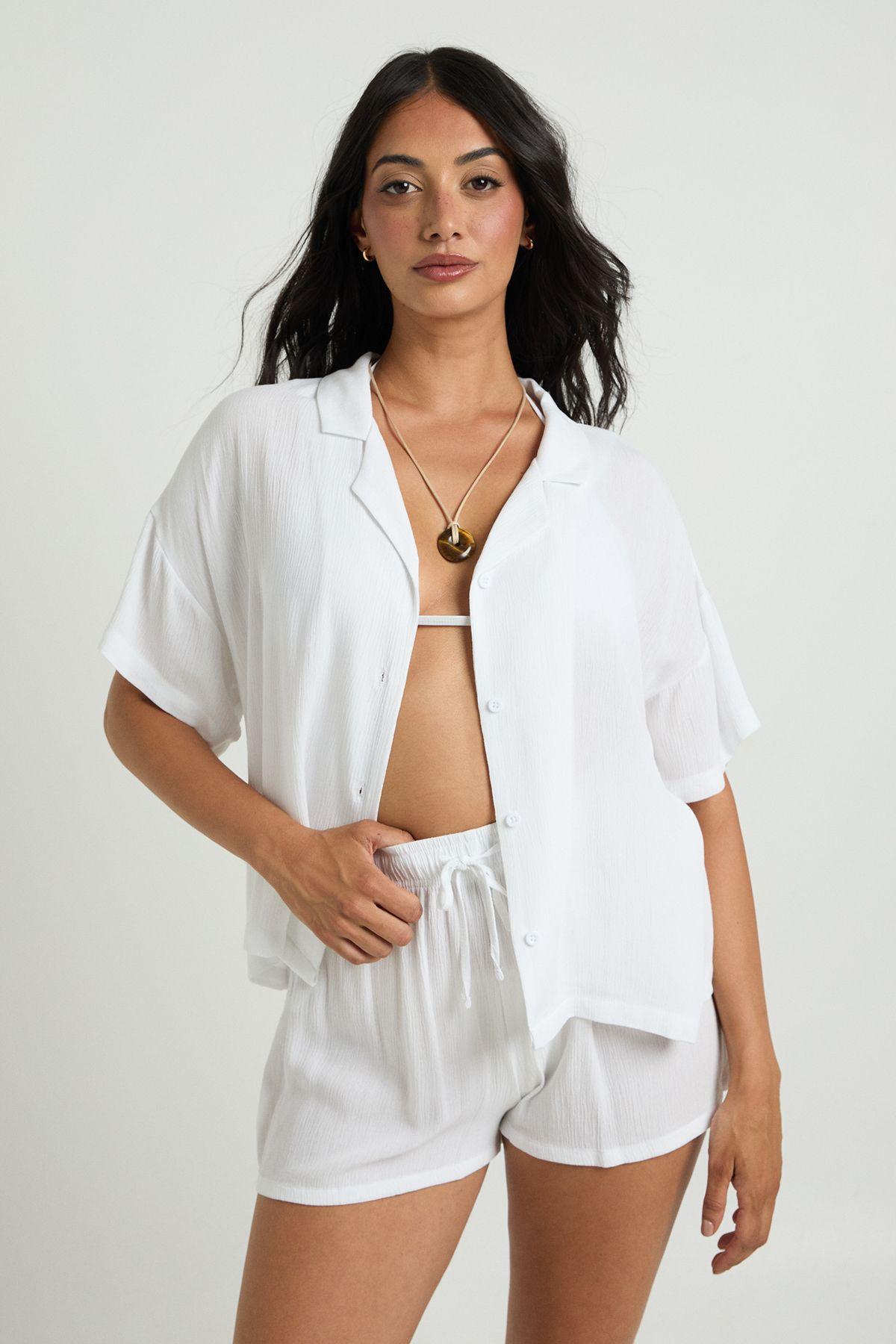 Essentials Oversized Linen Look Short Sleeve Shirt by BOOHOO