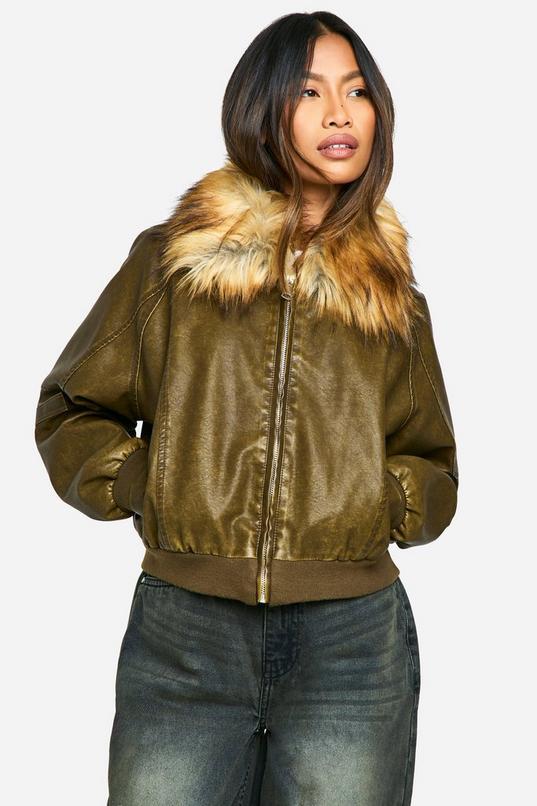 Faux Fur Collar Vintage Look Faux Leather Bomber Jacket by BOOHOO