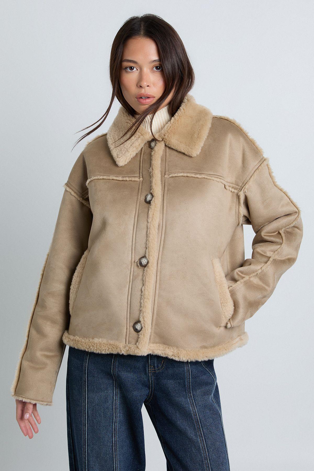 Faux Fur Detail Faux Suede Aviator Jacket by BOOHOO