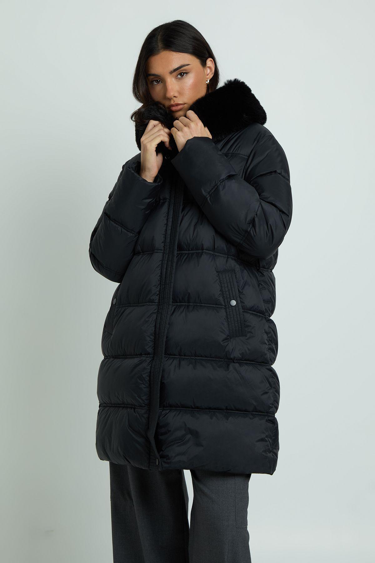 Faux Fur Trim Belted Midi Puffer Jacket by BOOHOO