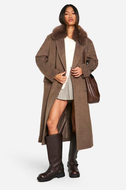 Faux Fur Trim Oversized Double Breasted Wool Look Coat by BOOHOO