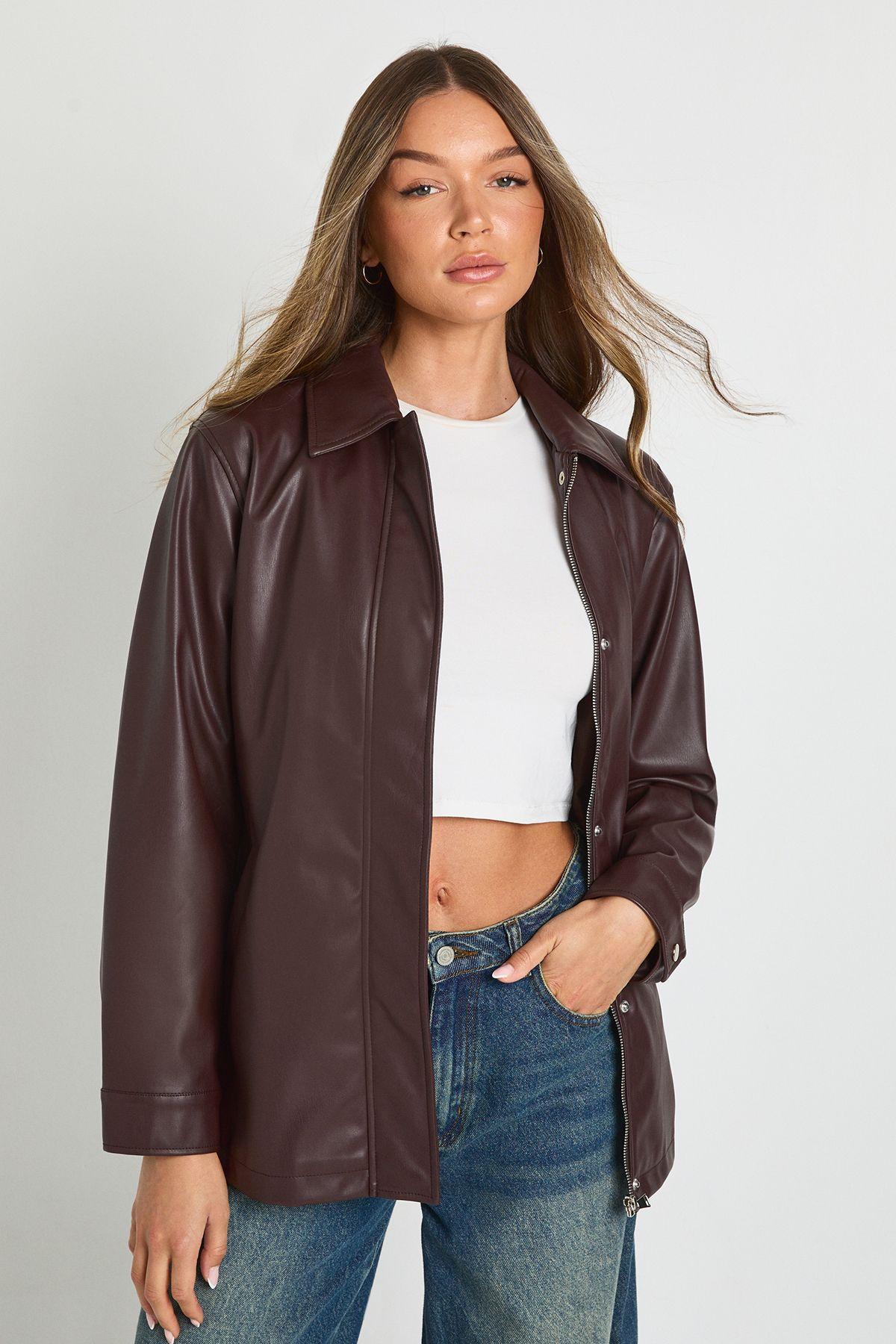 Faux Leather Belted Jacket by BOOHOO