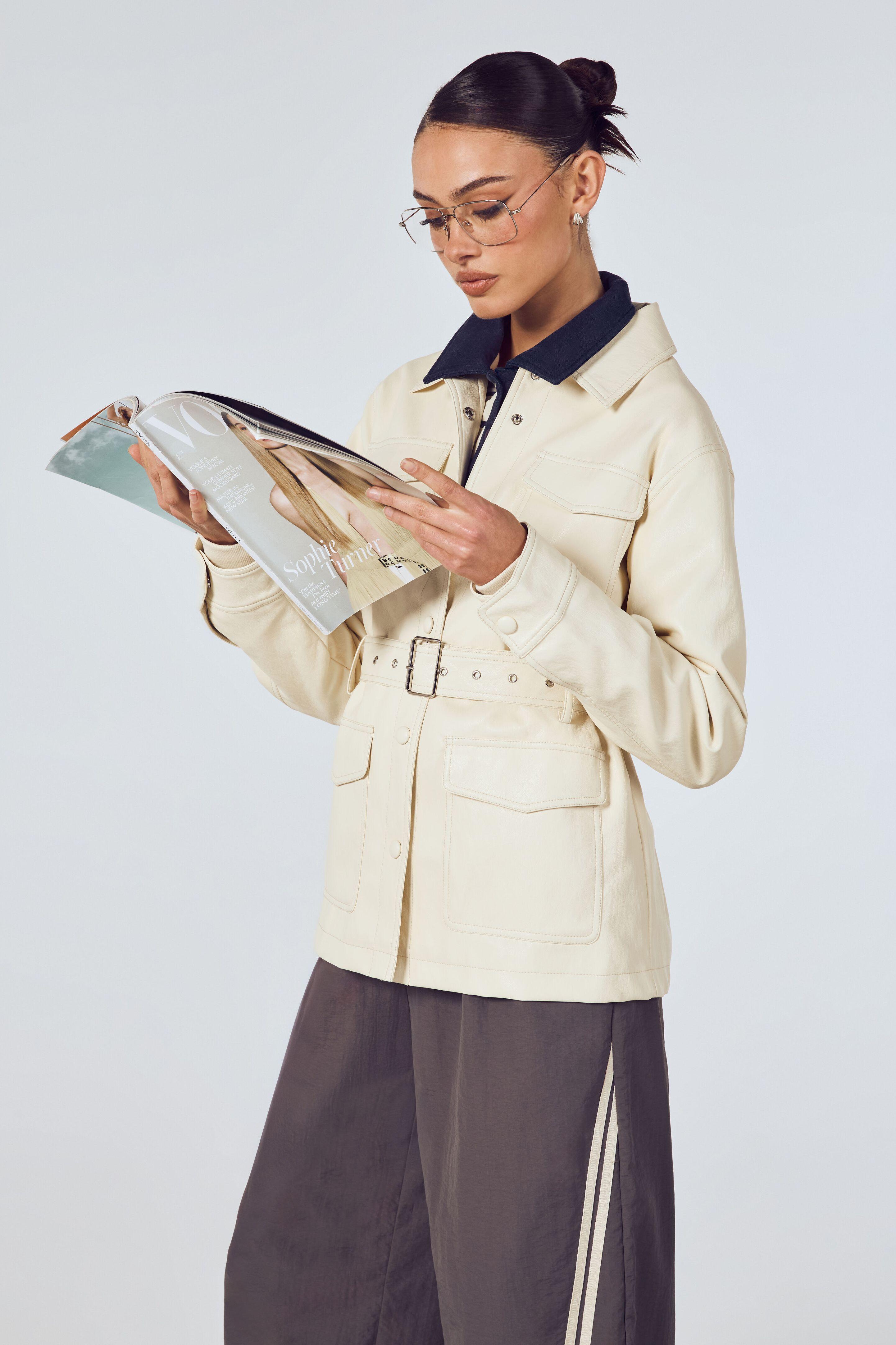 Faux Leather Belted Utility Pocket Shacket by BOOHOO