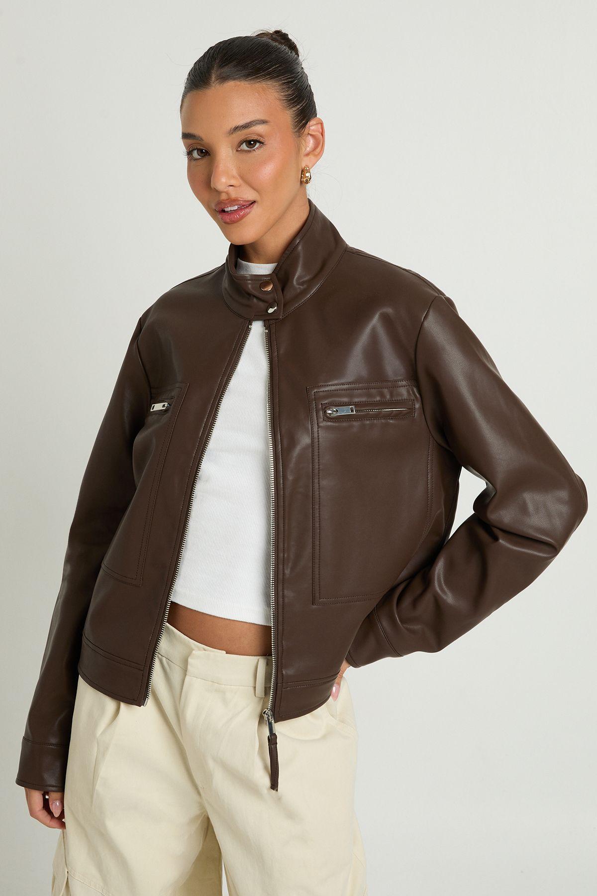 Faux Leather Button Up Collar Zip Pocket Jacket by BOOHOO