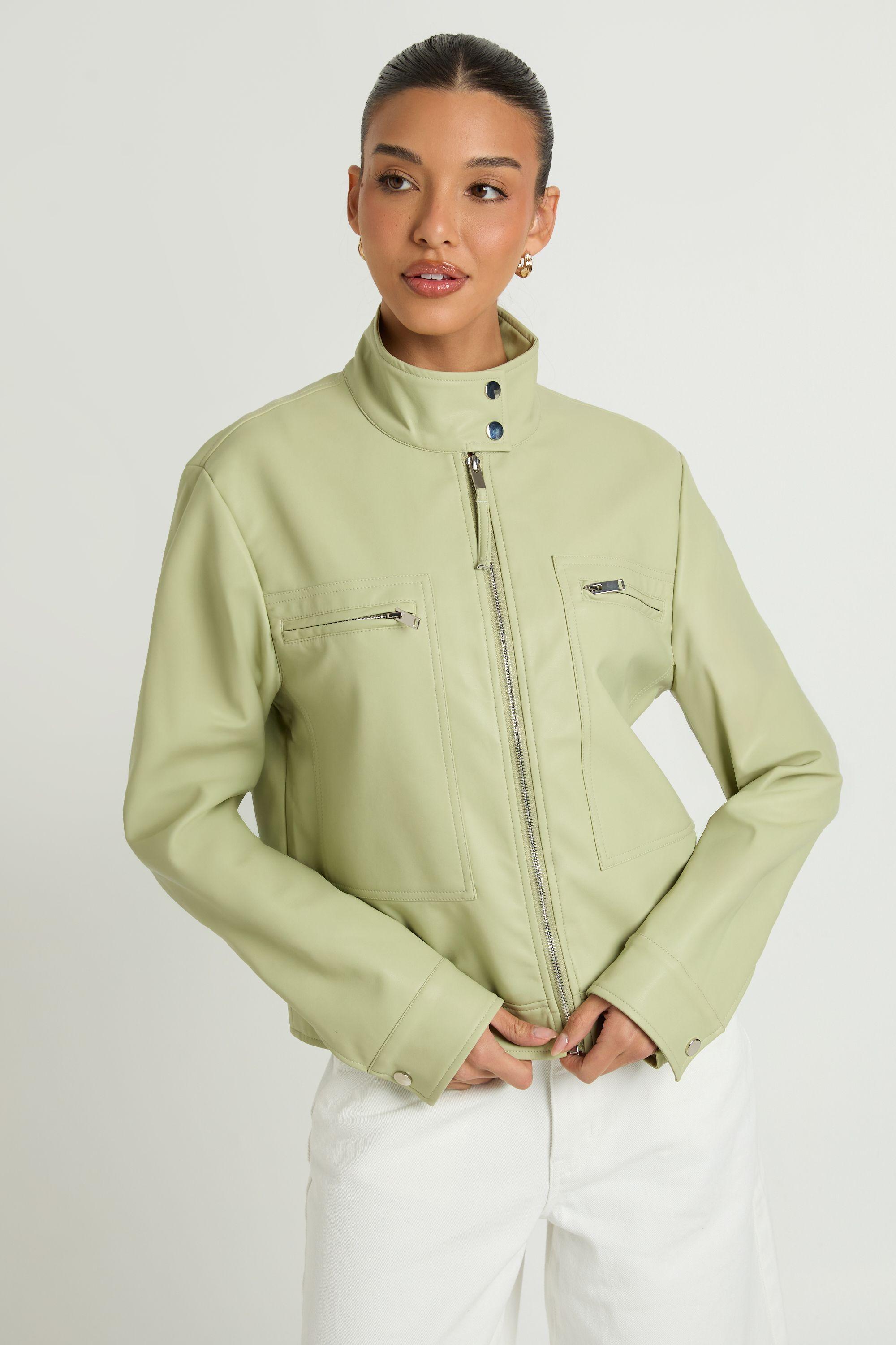 Faux Leather Button Up Collar Zip Pocket Jacket by BOOHOO Faux Leather Button Up Collar Zip Pocket Jacket by BOOHOO