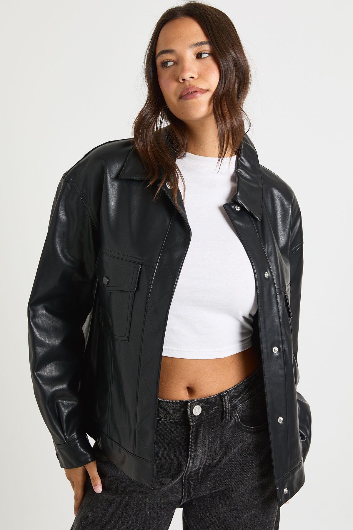 Faux Leather Button Up Jacket by BOOHOO Faux Leather Button Up Jacket by BOOHOO
