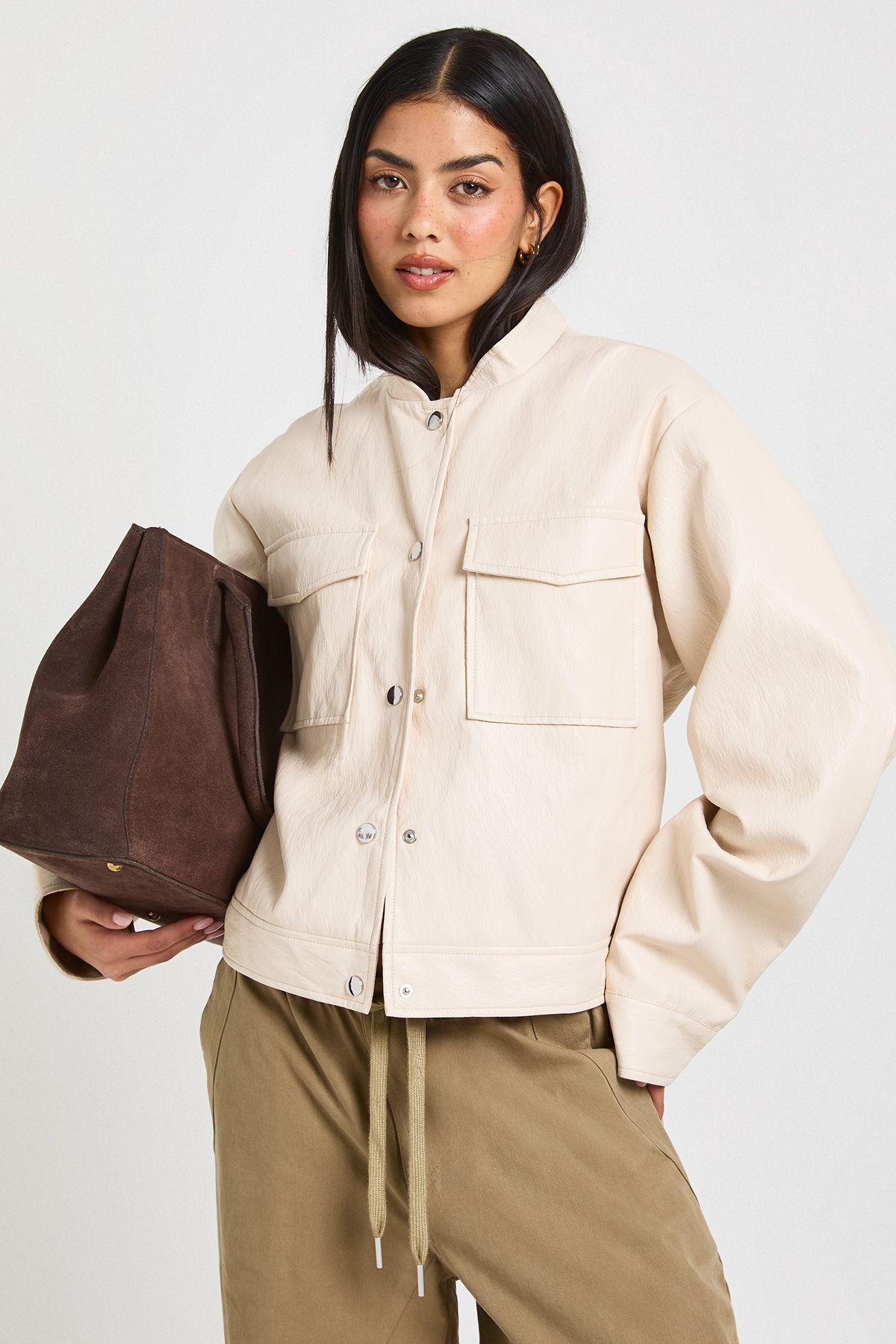 Faux Leather Button Up Jacket by BOOHOO
