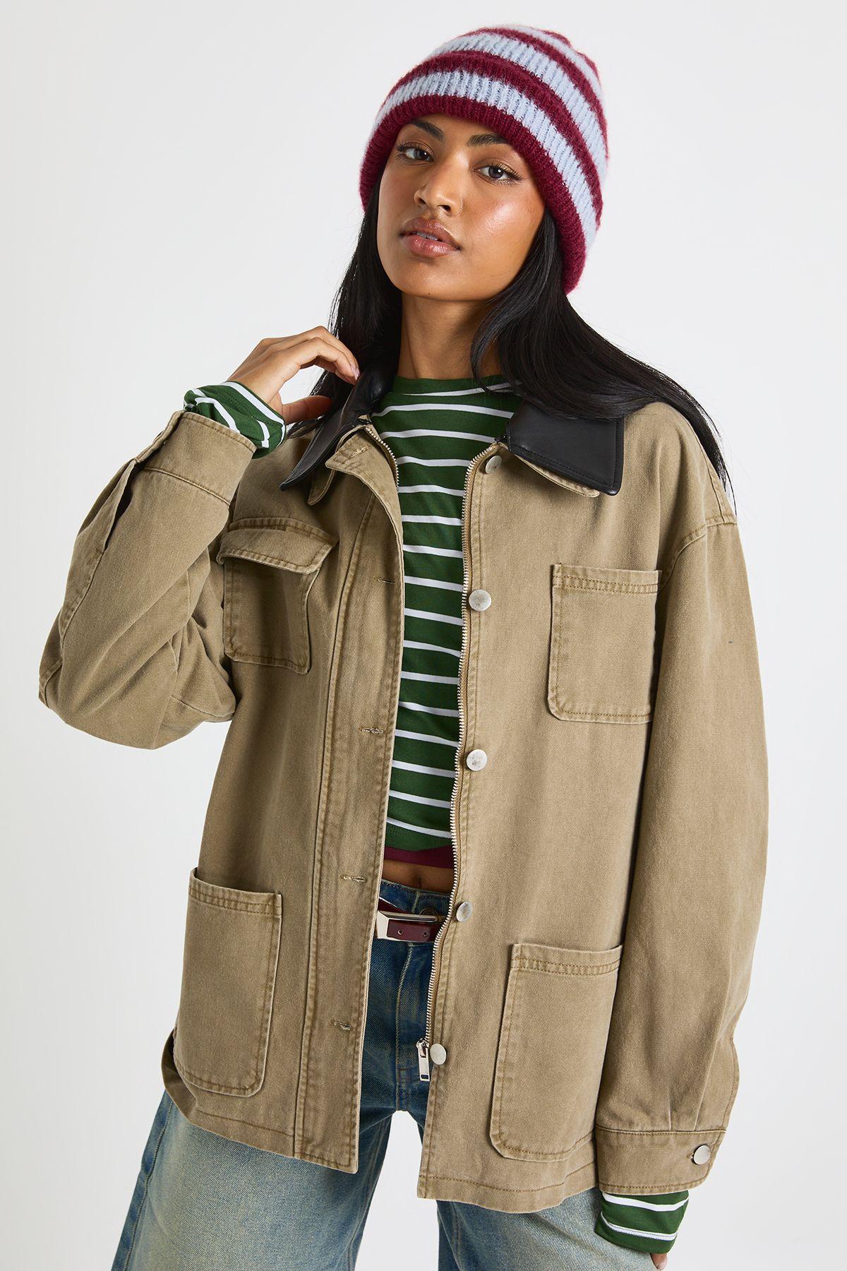 Faux Leather Contrast Collar Barn Jacket by BOOHOO