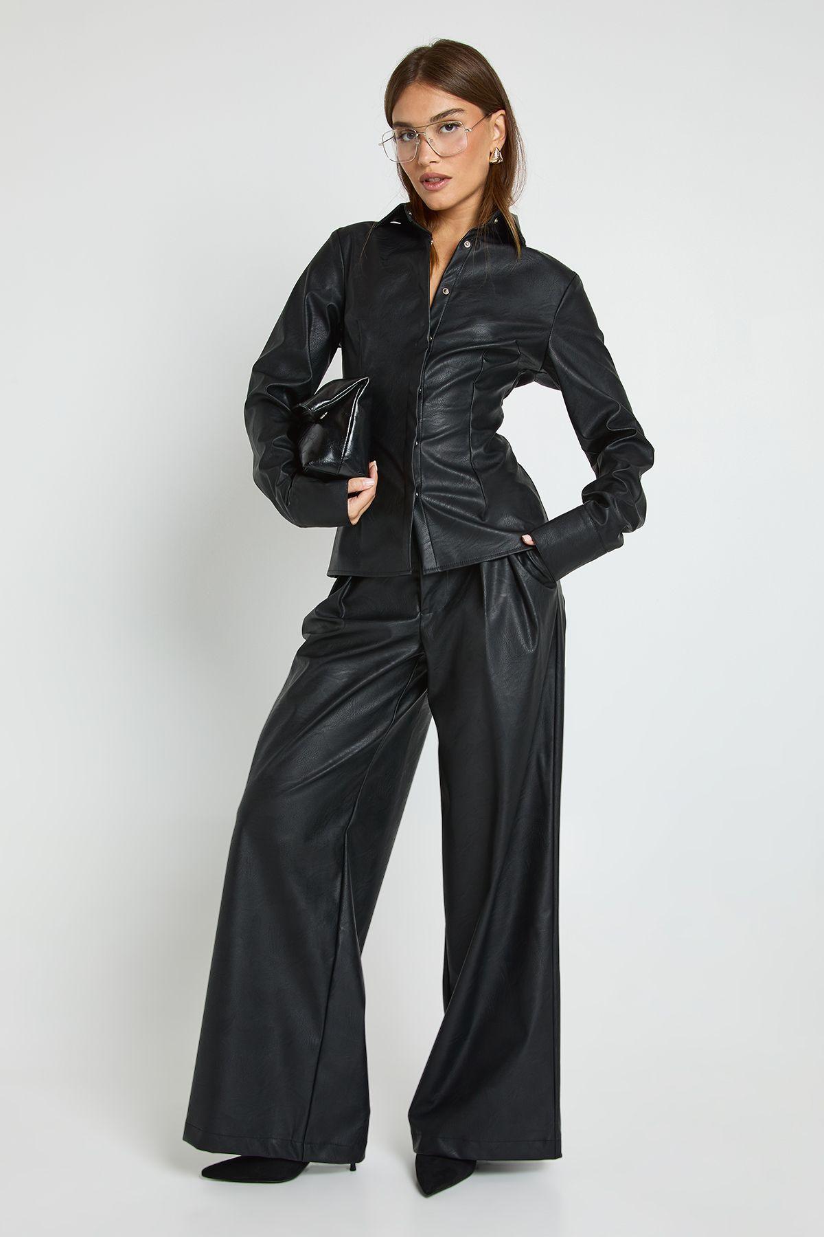 Faux Leather Palazzo Trousers by BOOHOO