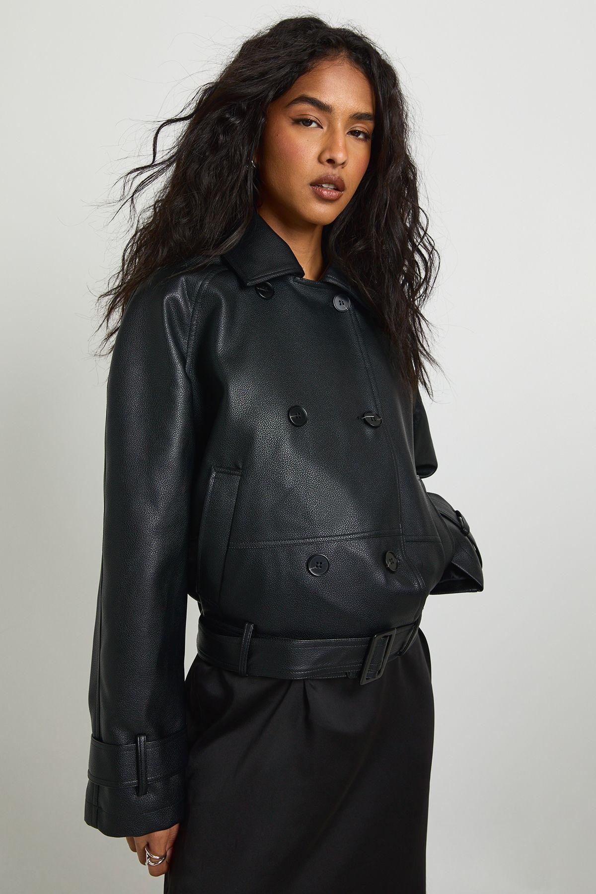 Faux Leather Short Trench Coat by BOOHOO