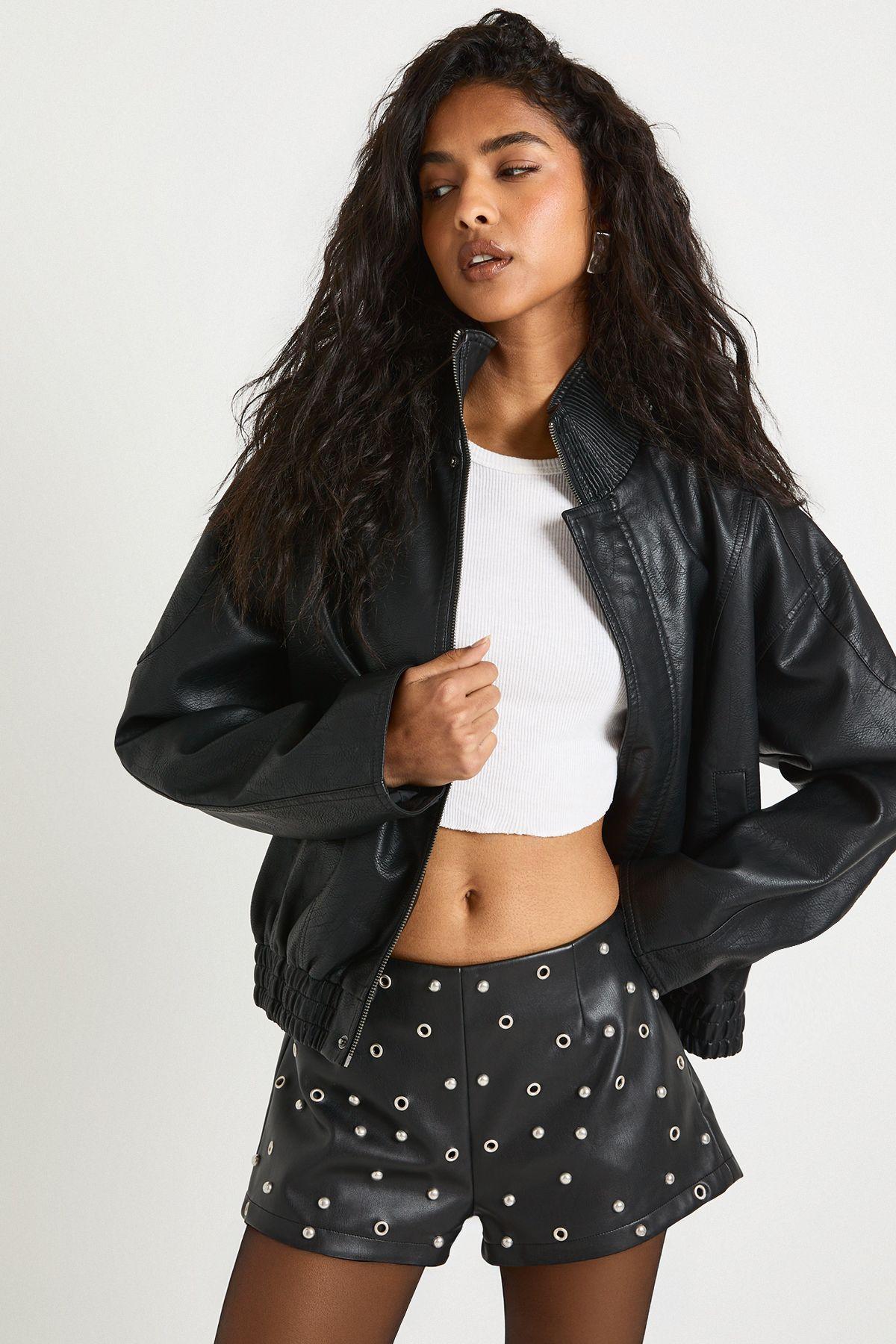 Faux Leather Studded Micro Short by BOOHOO