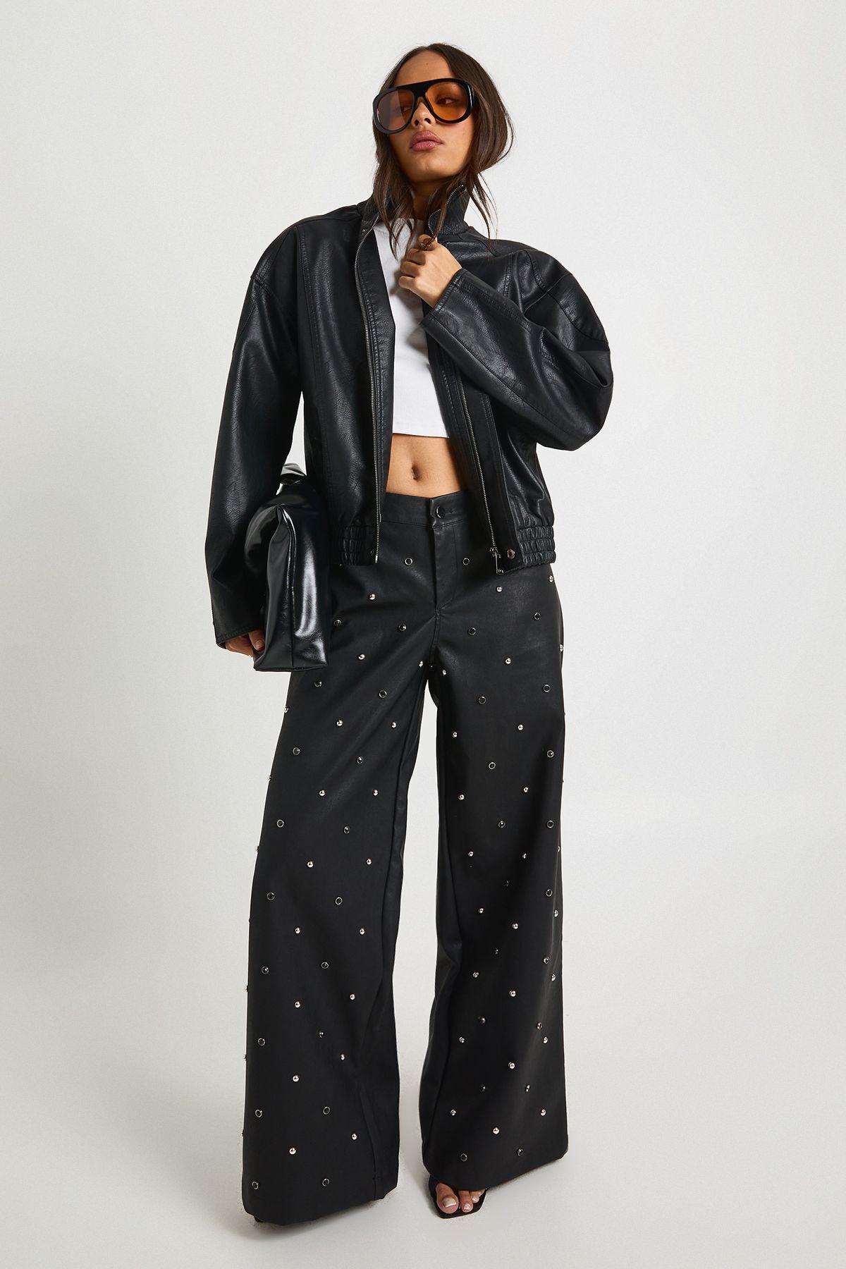 Faux Leather Studded Wide Leg Trouser by BOOHOO