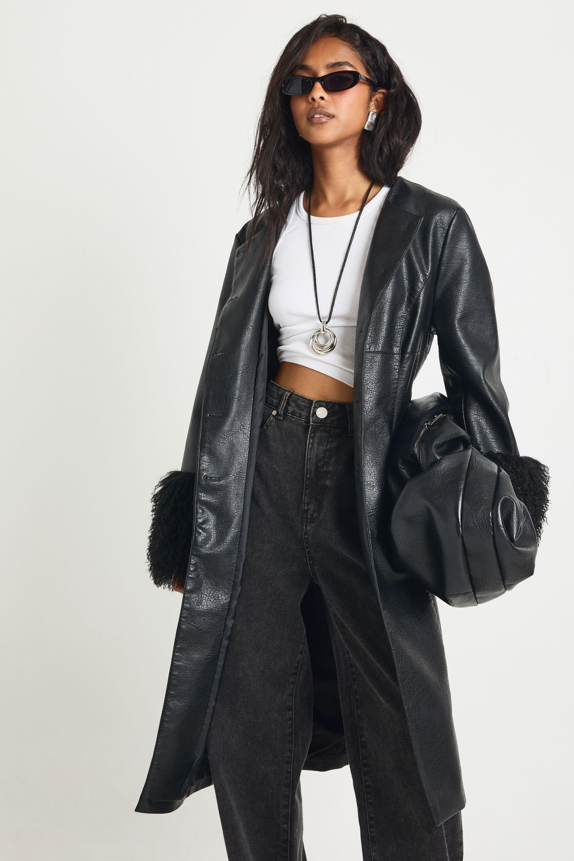Faux Leather Trench Coat with Fur Cuffs by BOOHOO