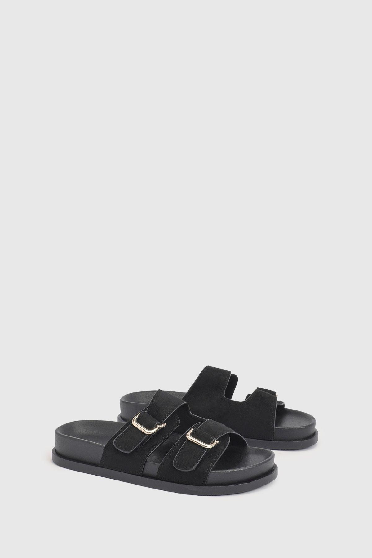 Faux Suede Adjustable Double Buckle Footbed Sliders by BOOHOO
