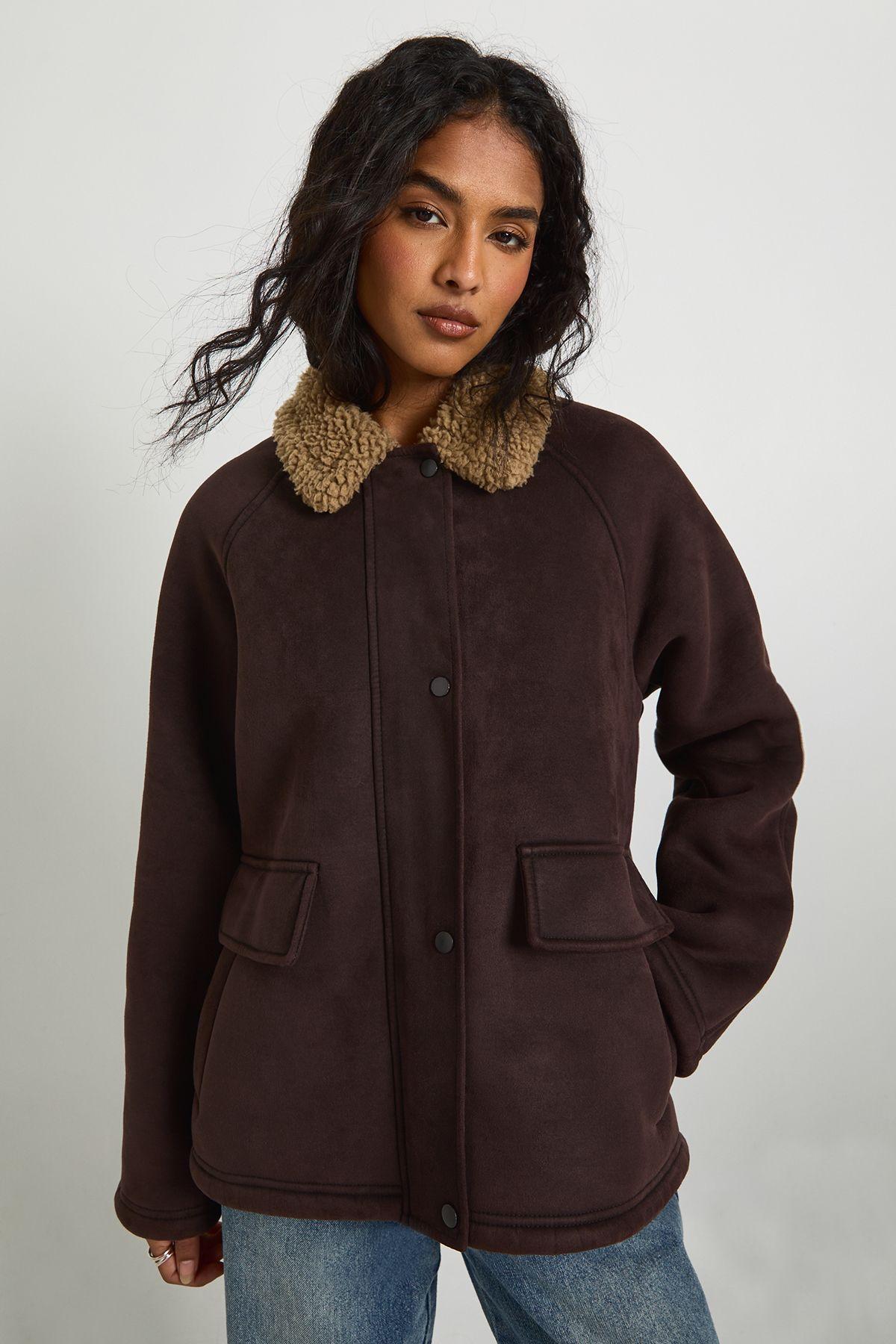 Faux Suede Aviator Jacket With Mittens by BOOHOO