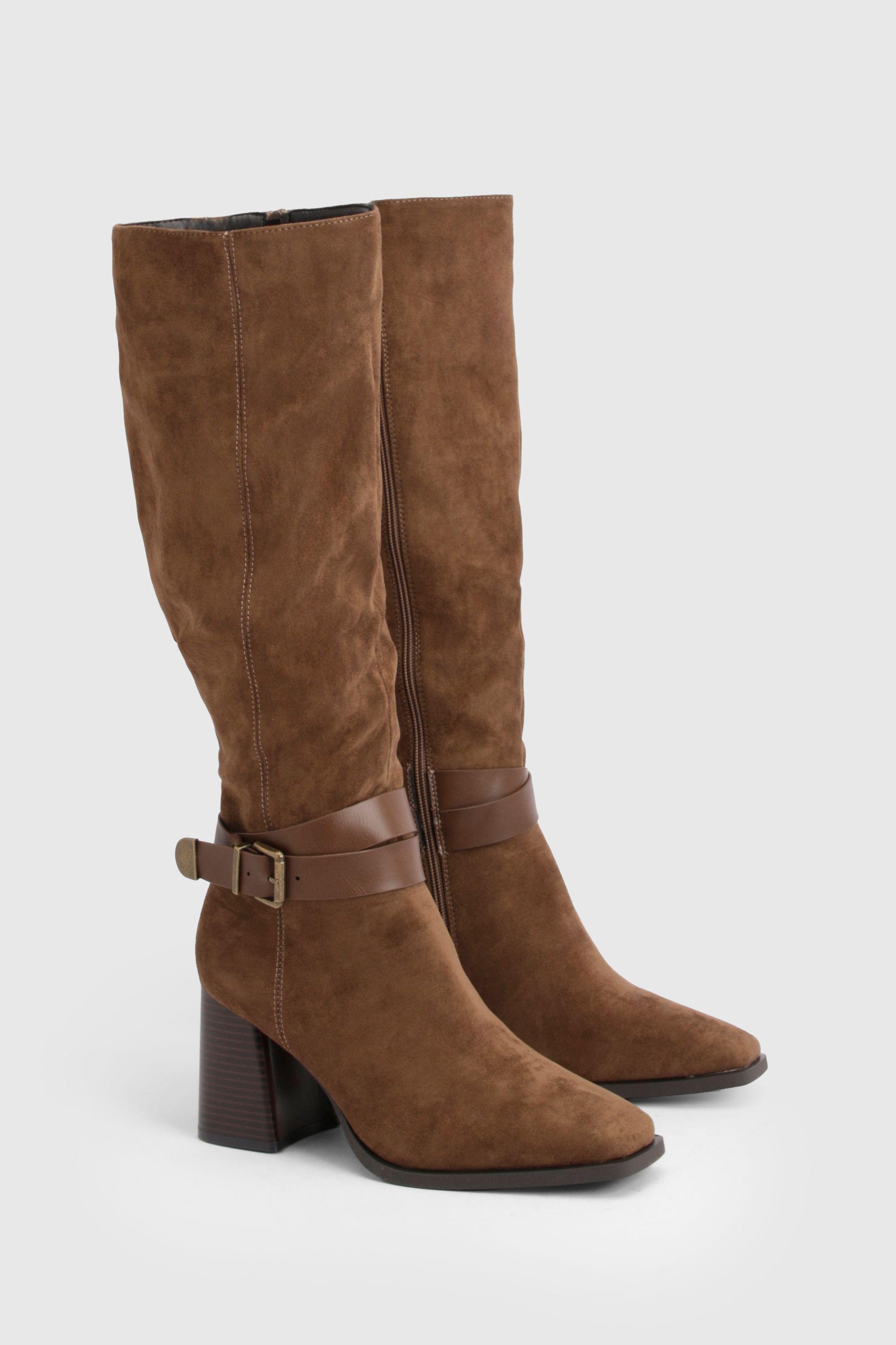 Faux Suede Buckle Detail Block Heel Knee High Boots by BOOHOO