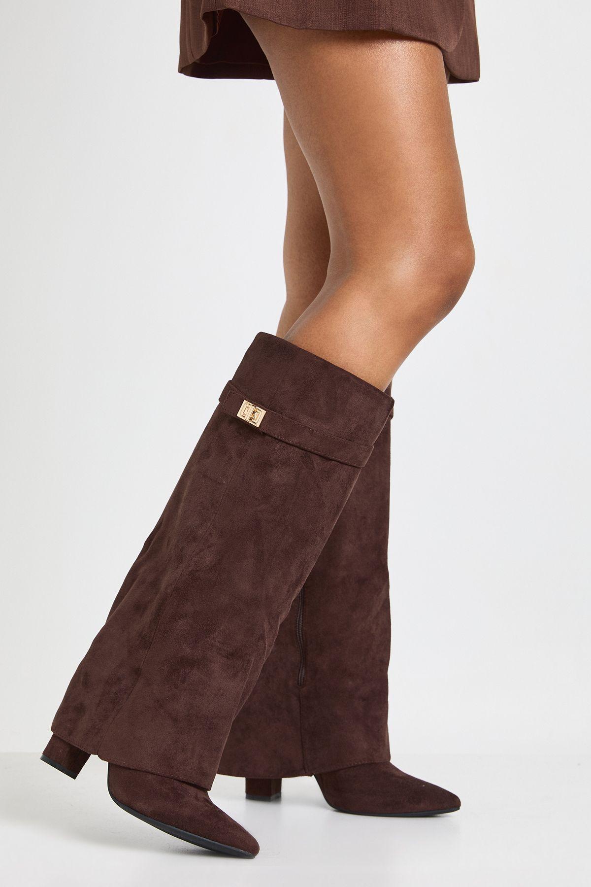 Faux Suede Buckle Detail Fold Over Block Heel Knee High Boots by BOOHOO
