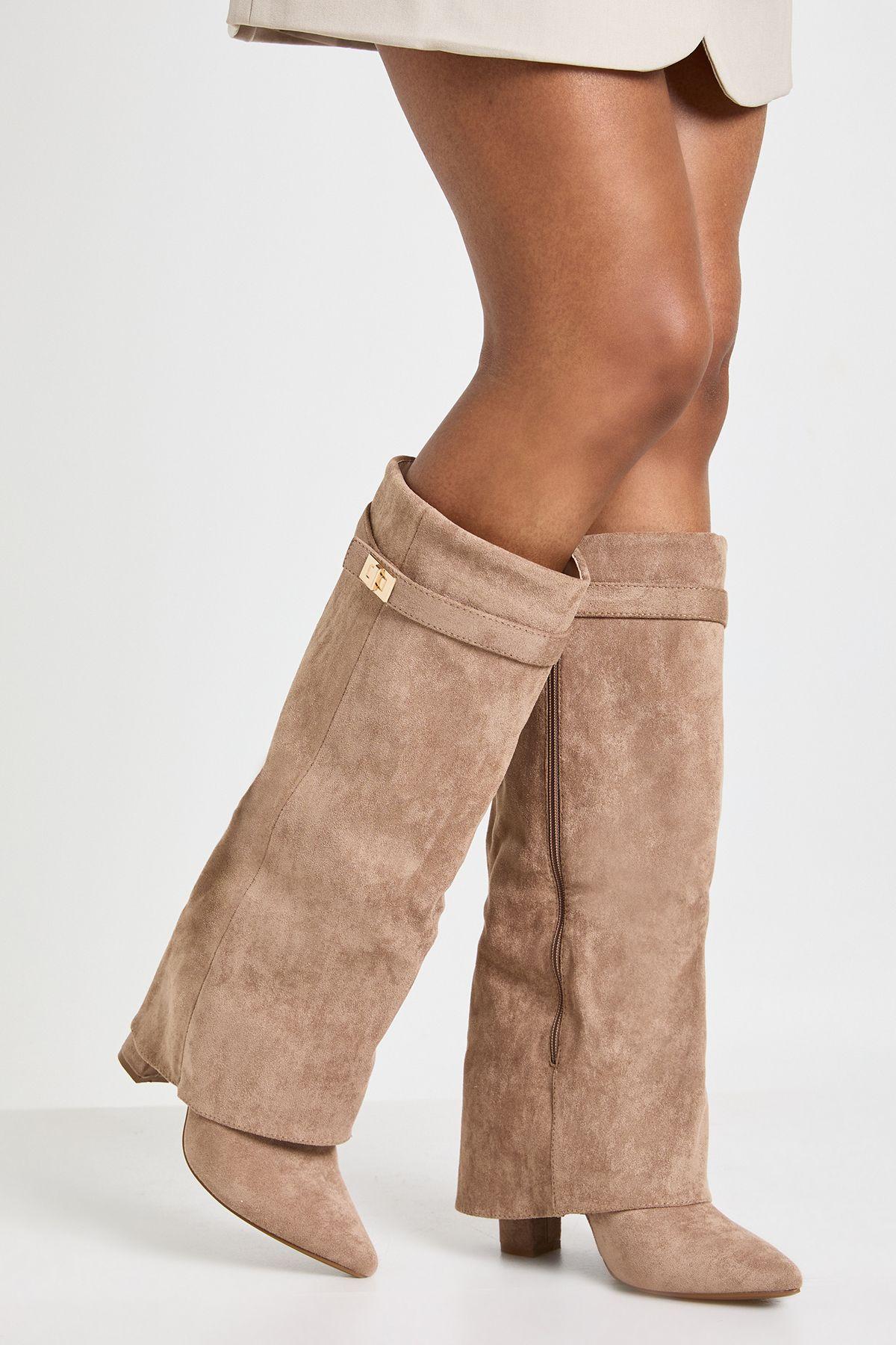 Faux Suede Buckle Detail Fold Over Block Heel Knee High Boots by BOOHOO