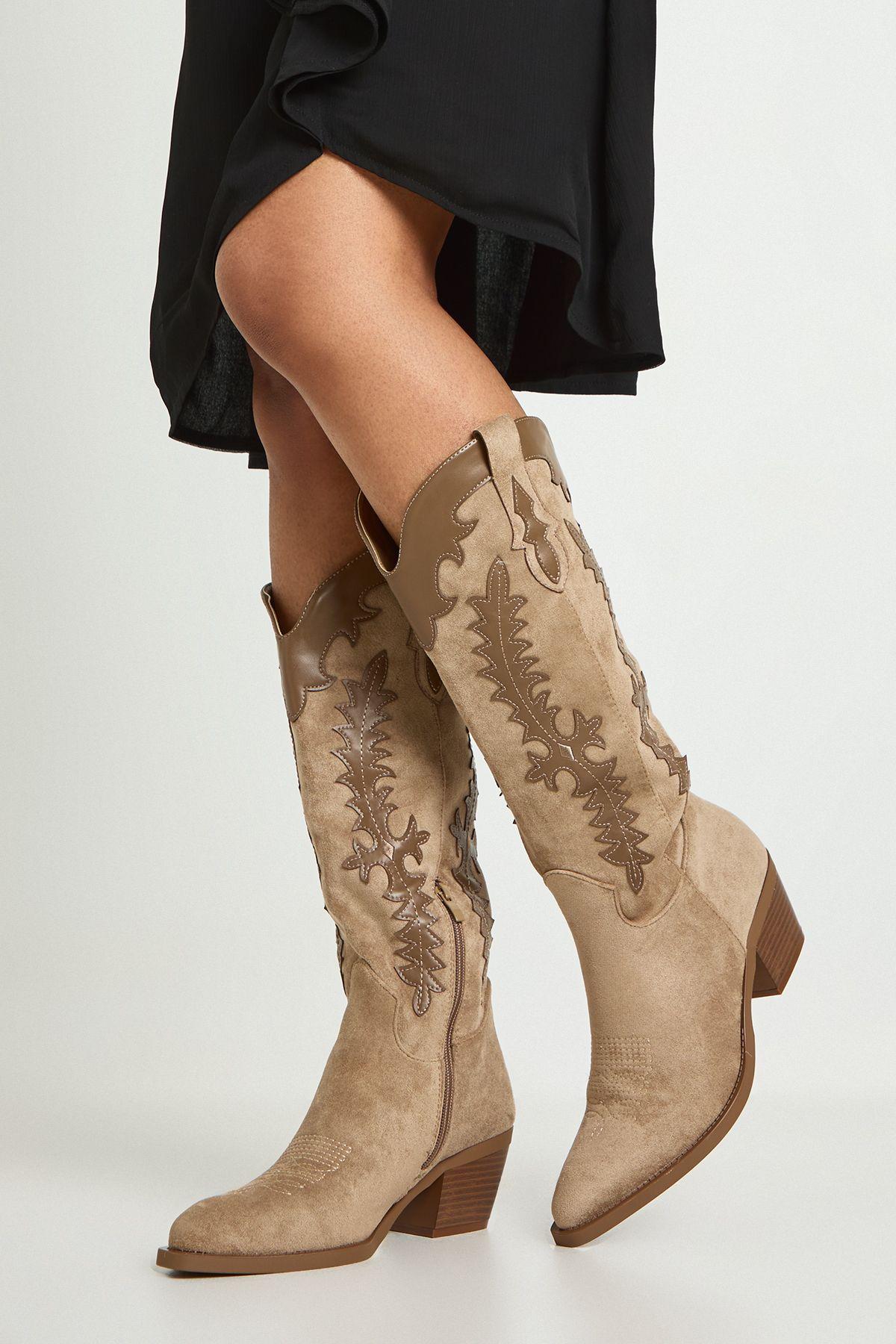Faux Suede Contrast Detail Knee High Western Boots by BOOHOO