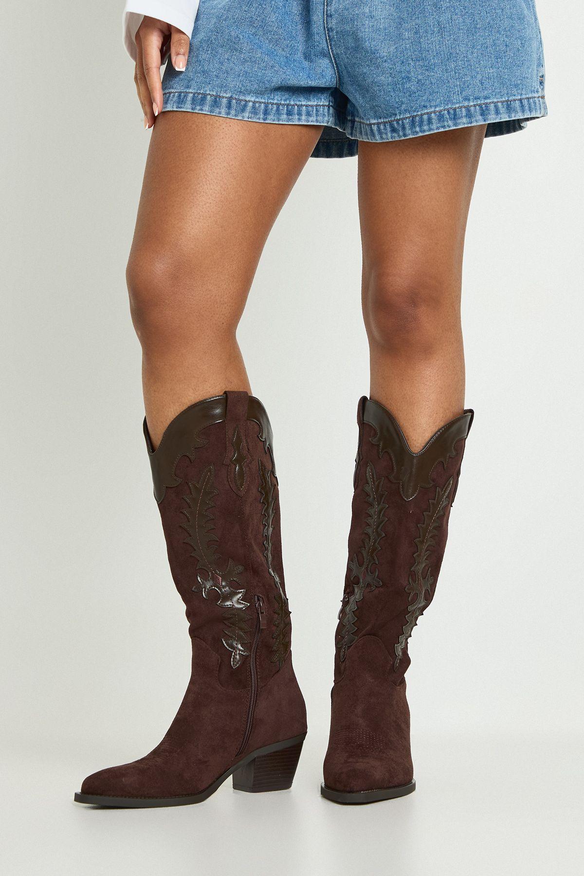 Faux Suede Contrast Detail Knee High Western Boots by BOOHOO