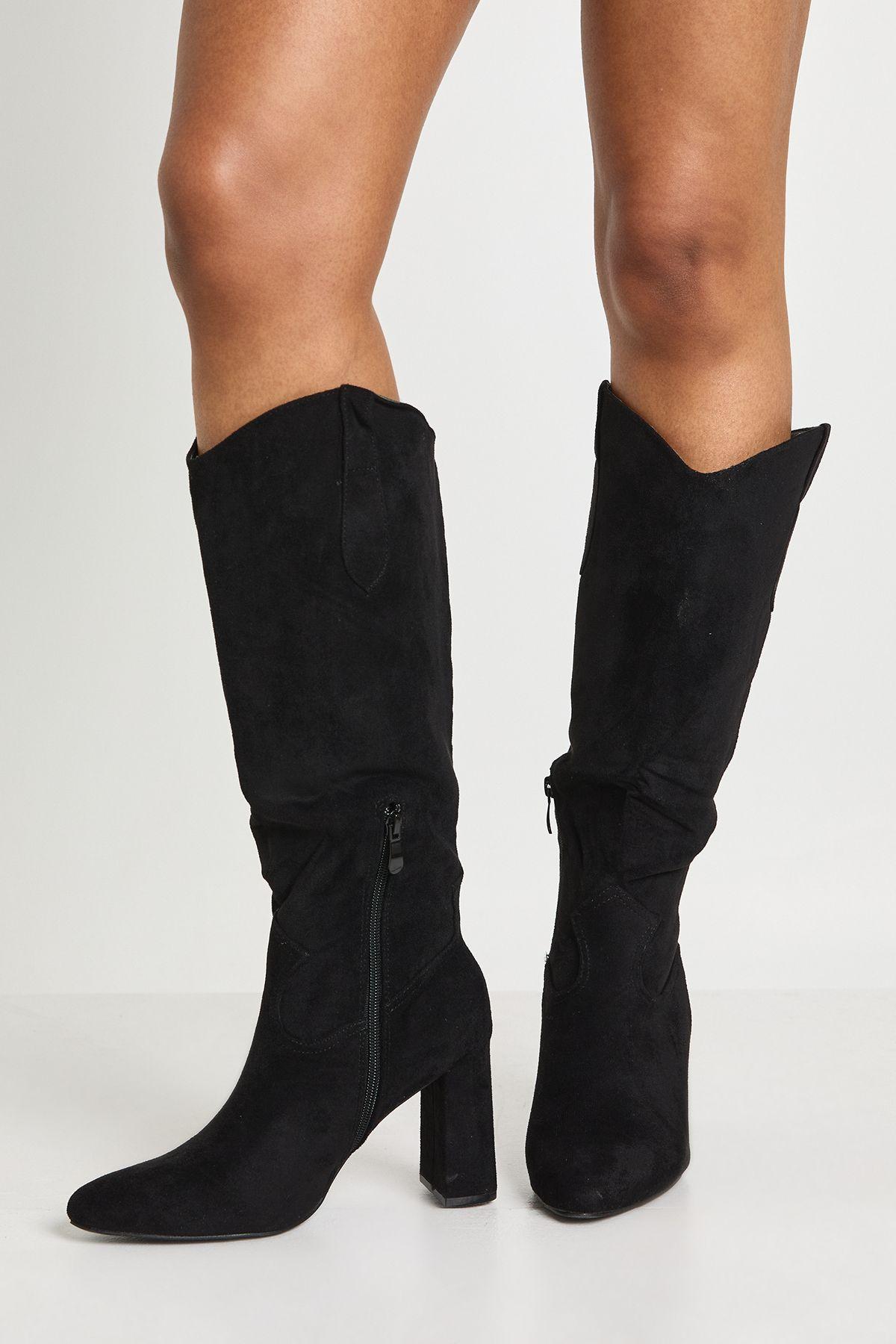 Faux Suede Curved Block Heel Knee High Boots by BOOHOO