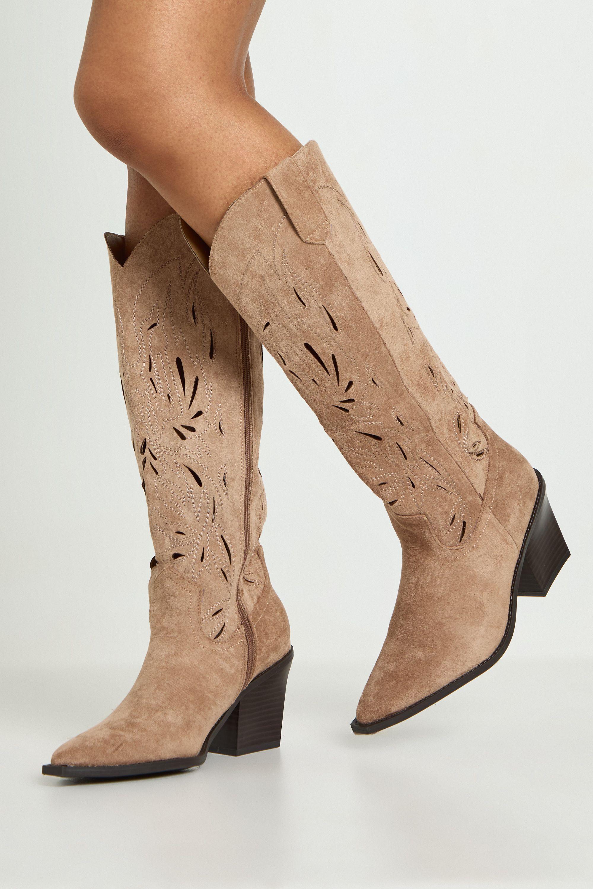 Faux Suede Cut Out Detail Western Boots by BOOHOO