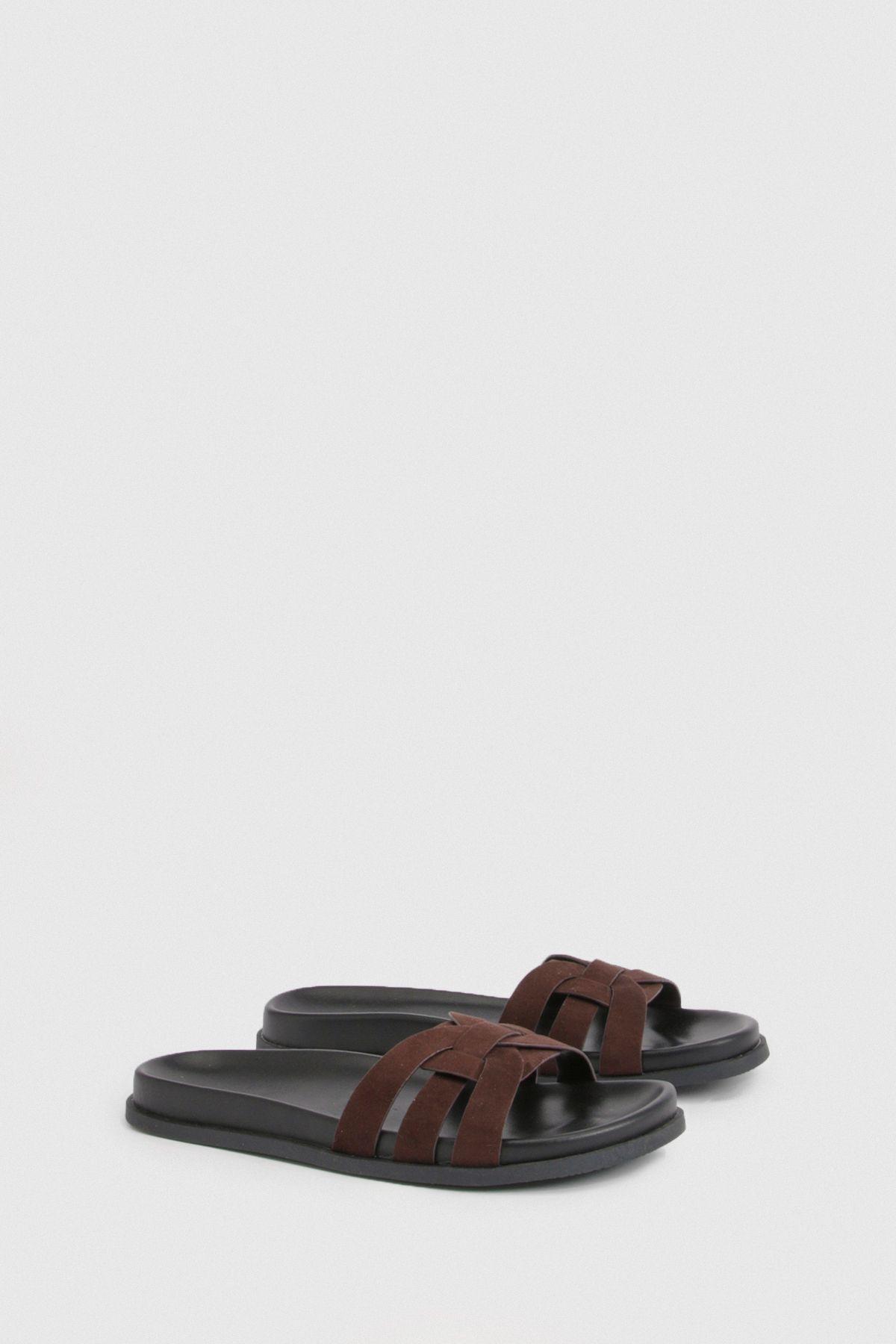 Faux Suede Cut Out Woven Strap Detail Sliders by BOOHOO