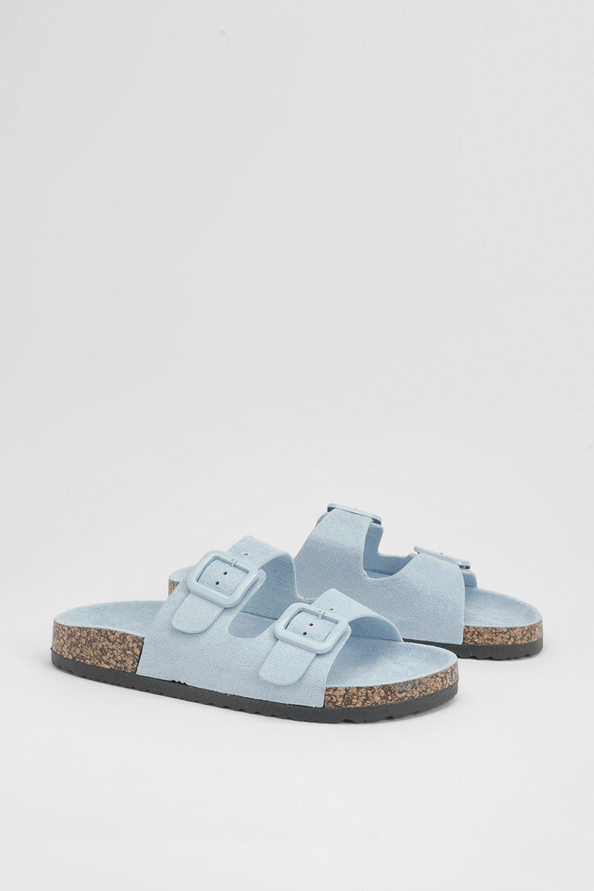 Faux Suede Double Buckle Footbed Sliders by BOOHOO