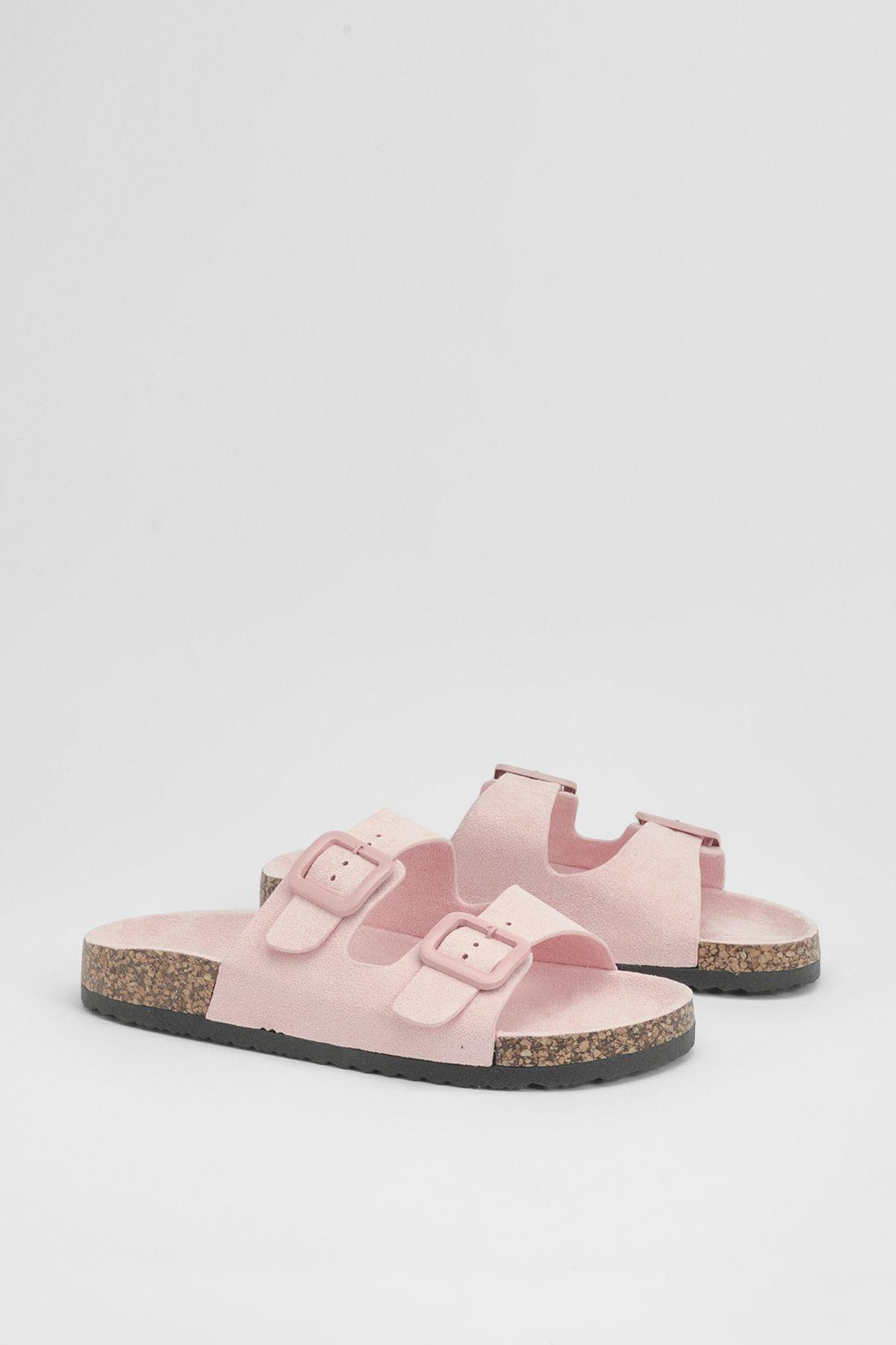 Faux Suede Double Buckle Footbed Sliders by BOOHOO