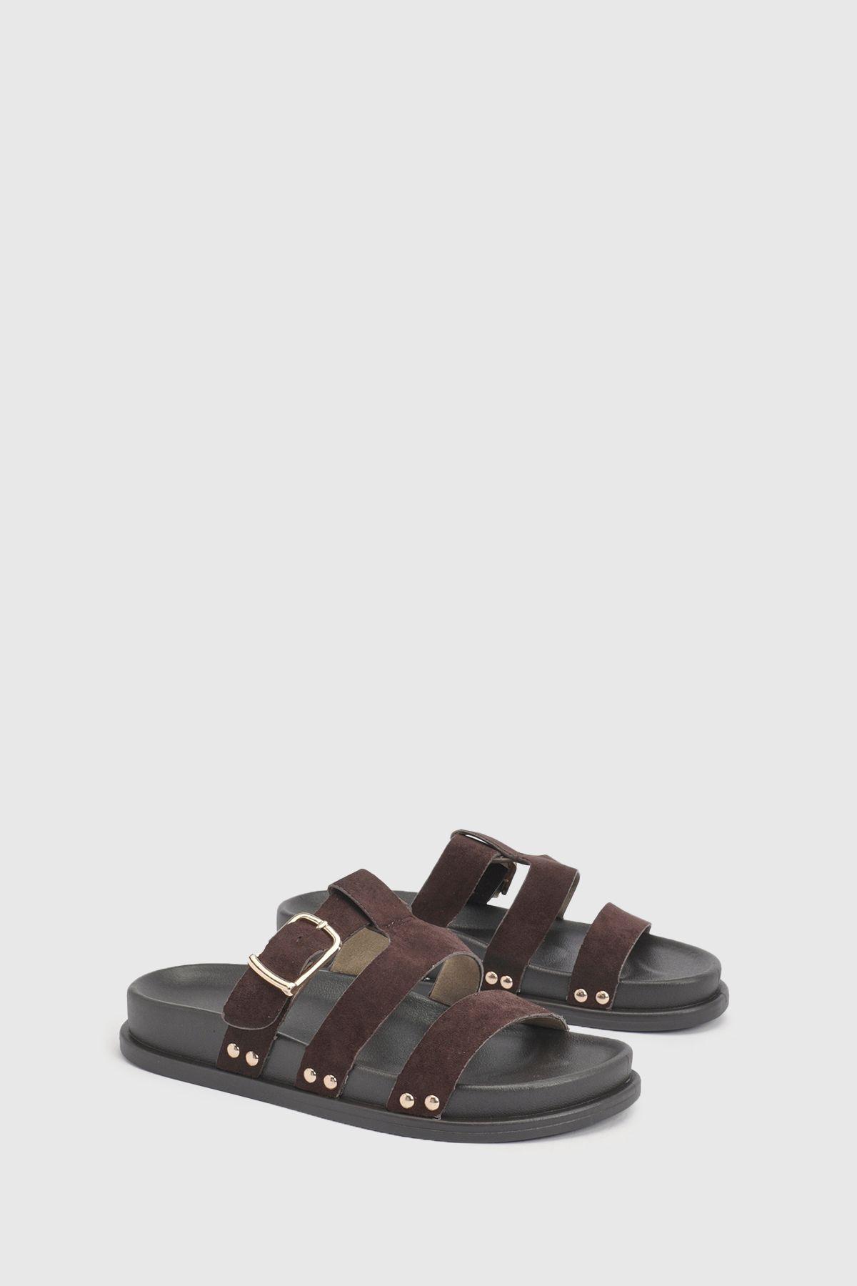Faux Suede Double Strap Cut Out Footbed Sliders by BOOHOO