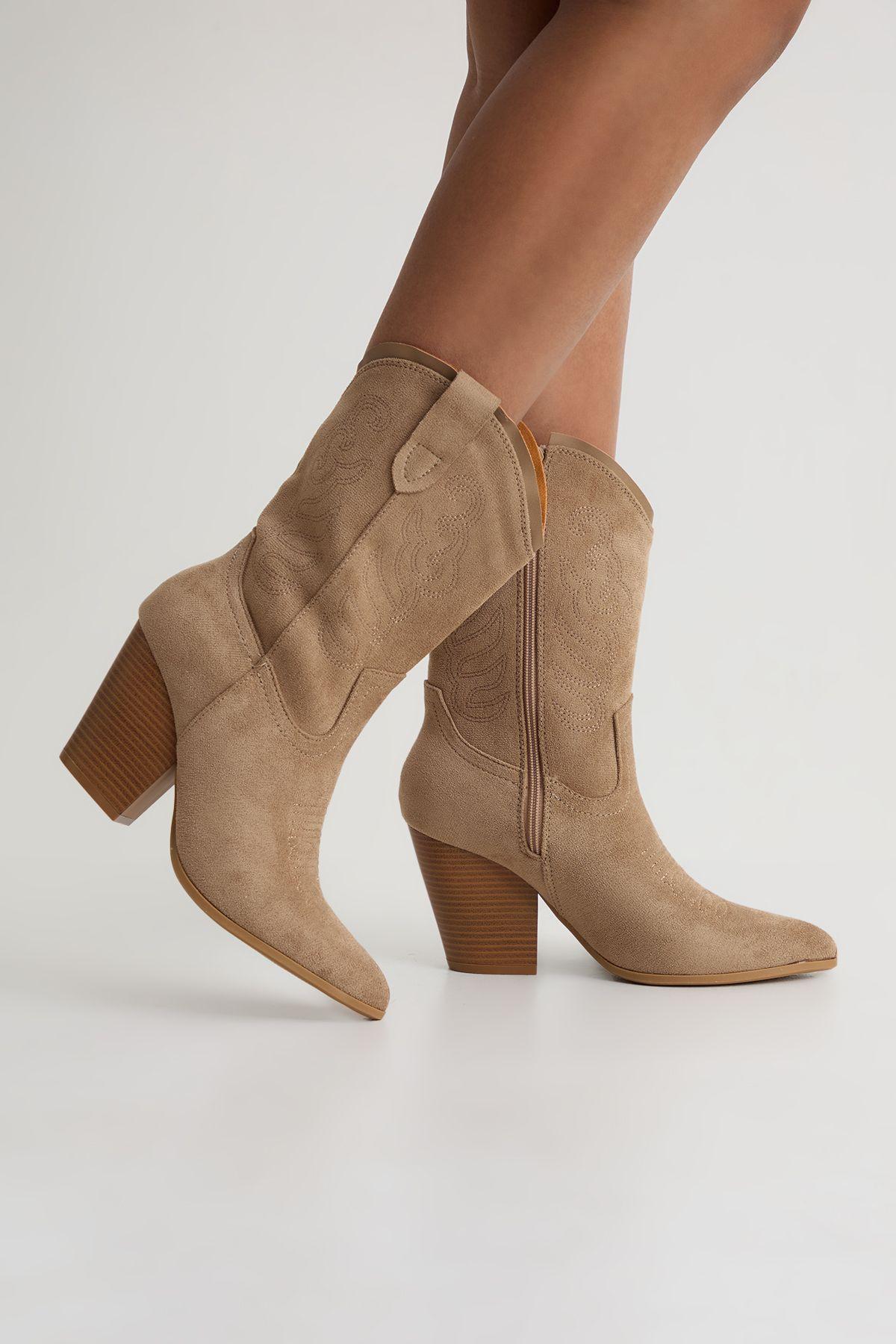 Faux Suede Embroidered Calf High Western Cowboy Boots by BOOHOO