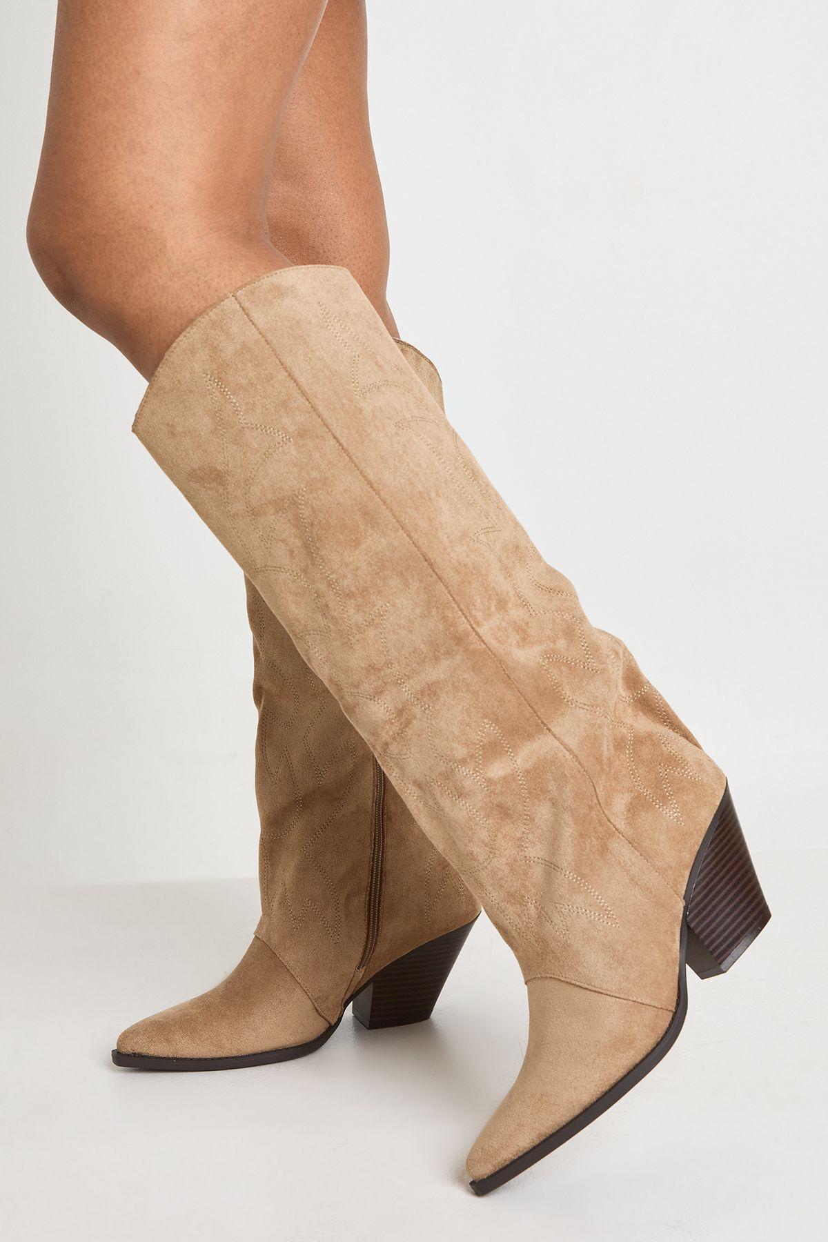 Faux Suede Embroidered Column Western Boots by BOOHOO