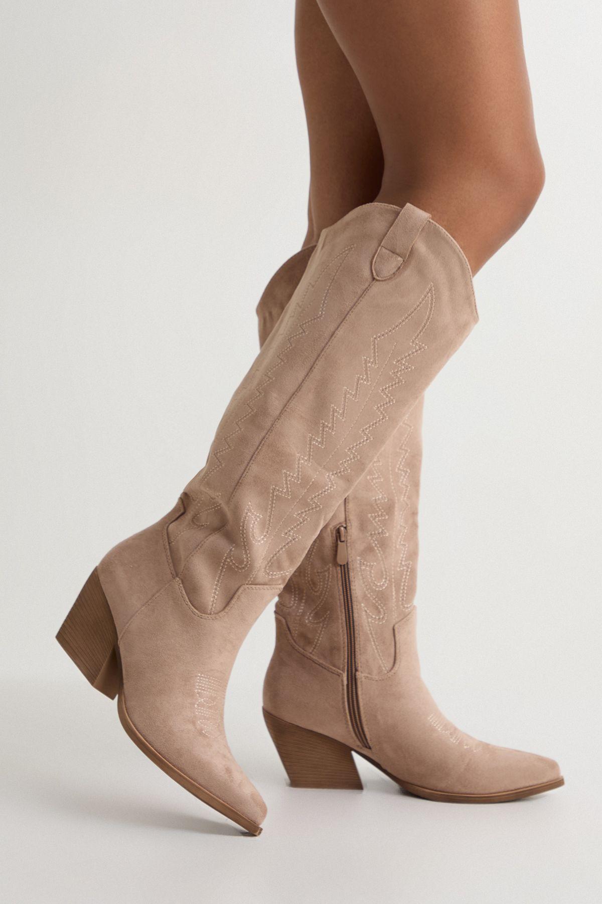 Faux Suede Embroidered Knee High Western Boots by BOOHOO