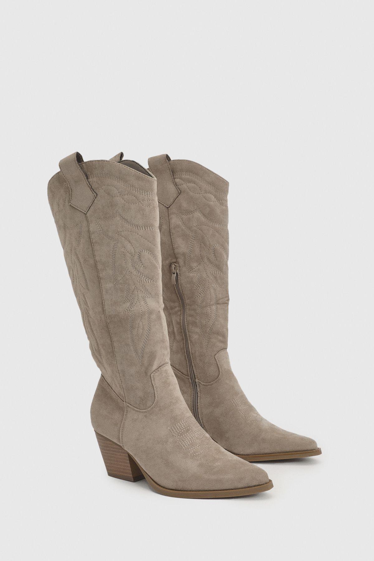 Faux Suede Embroidered Knee High Western Boots by BOOHOO