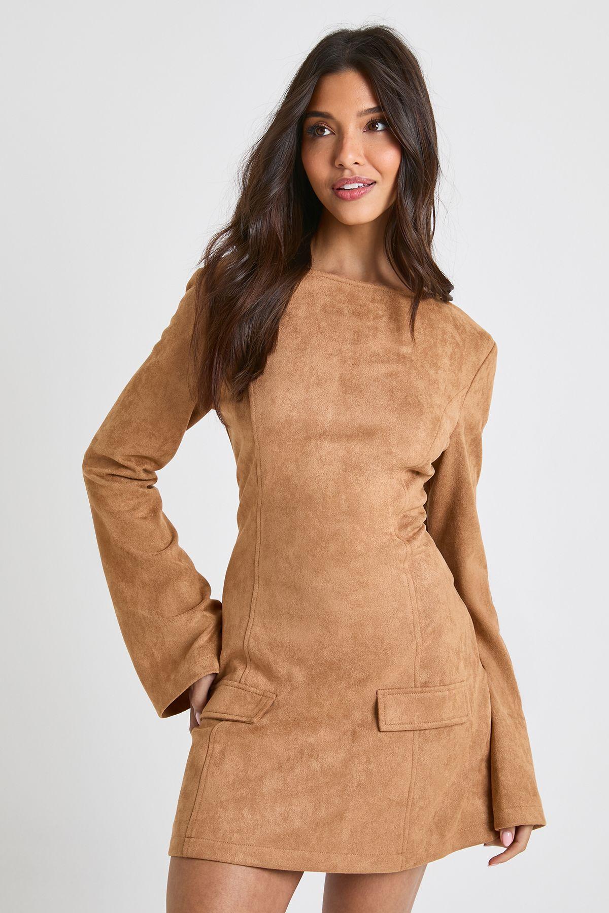 Faux Suede Flare Cuff Shift Dress by BOOHOO