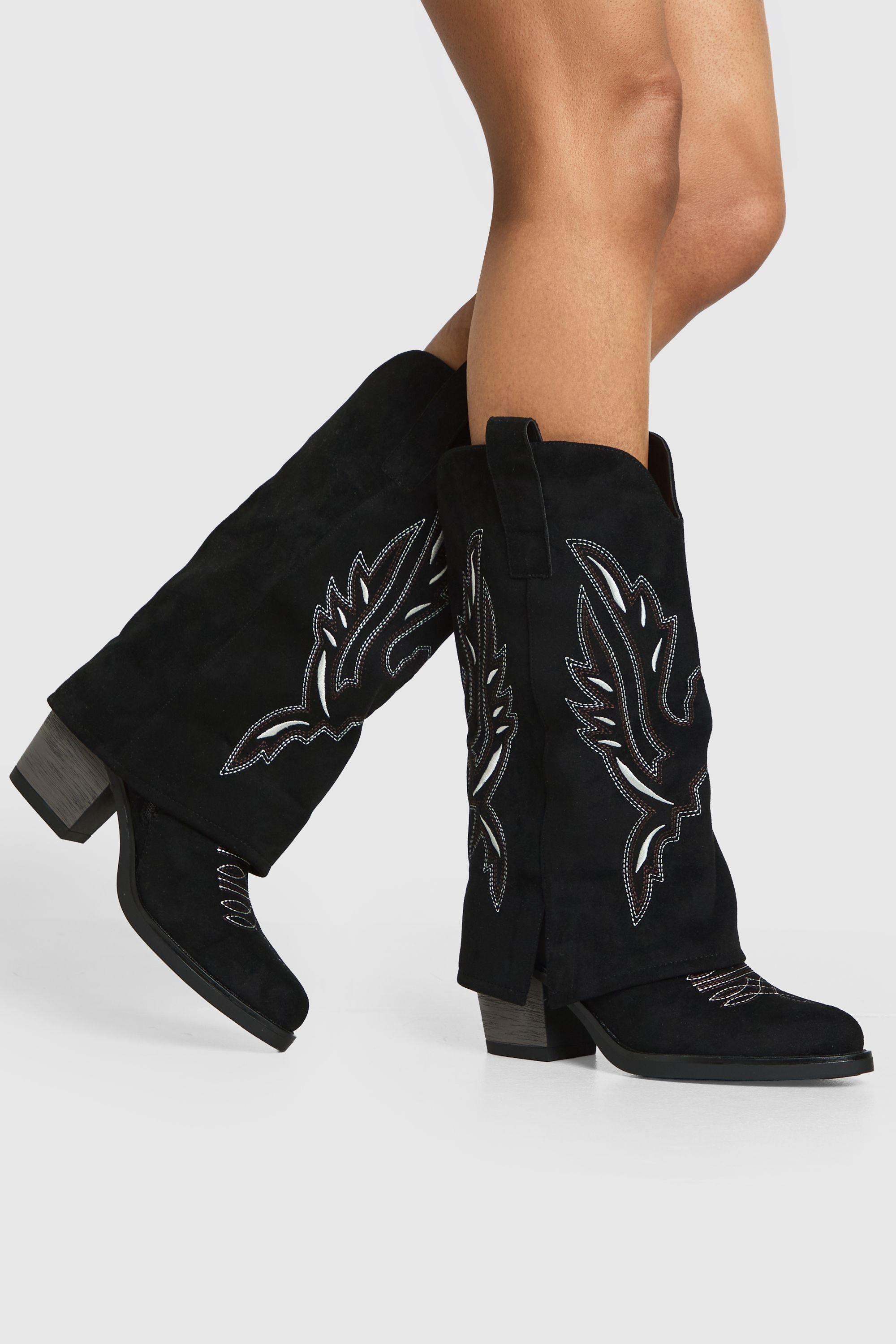 Faux Suede Fold Over Contrast Embroidery Western Boots by BOOHOO