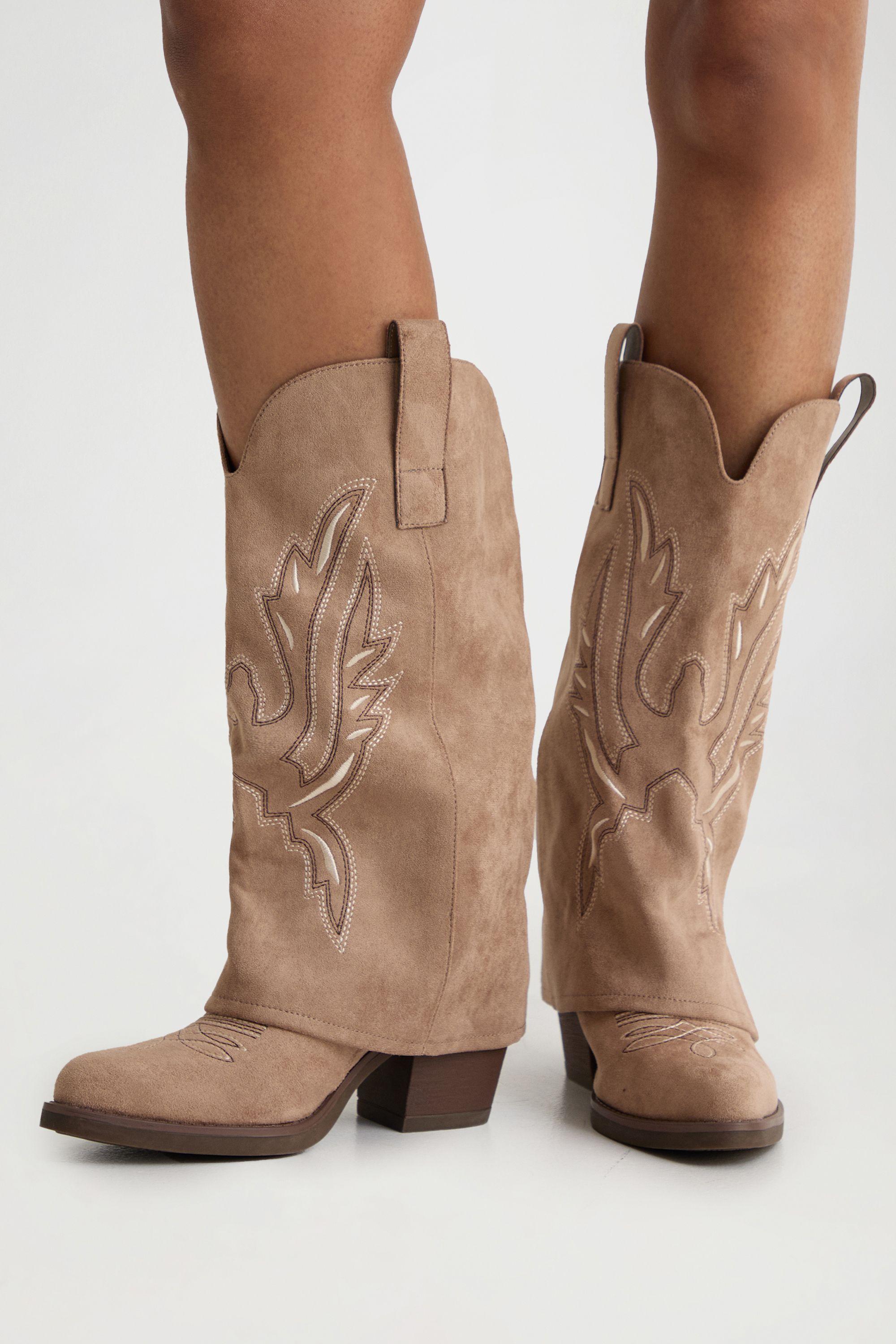 Faux Suede Fold Over Contrast Embroidery Western Boots by BOOHOO