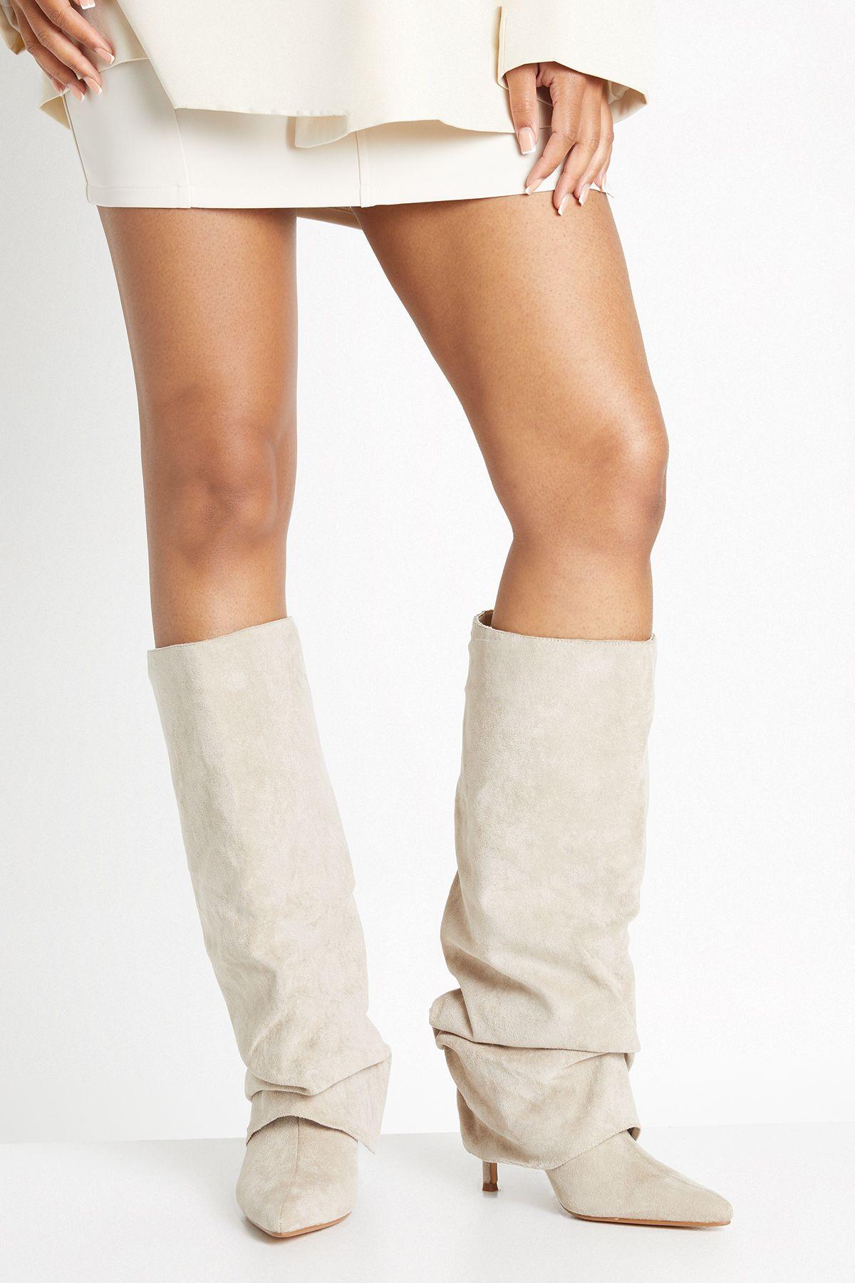 Faux Suede Fold Over Stiletto Knee High Boots by BOOHOO Faux Suede Fold Over Stiletto Knee High Boots by BOOHOO