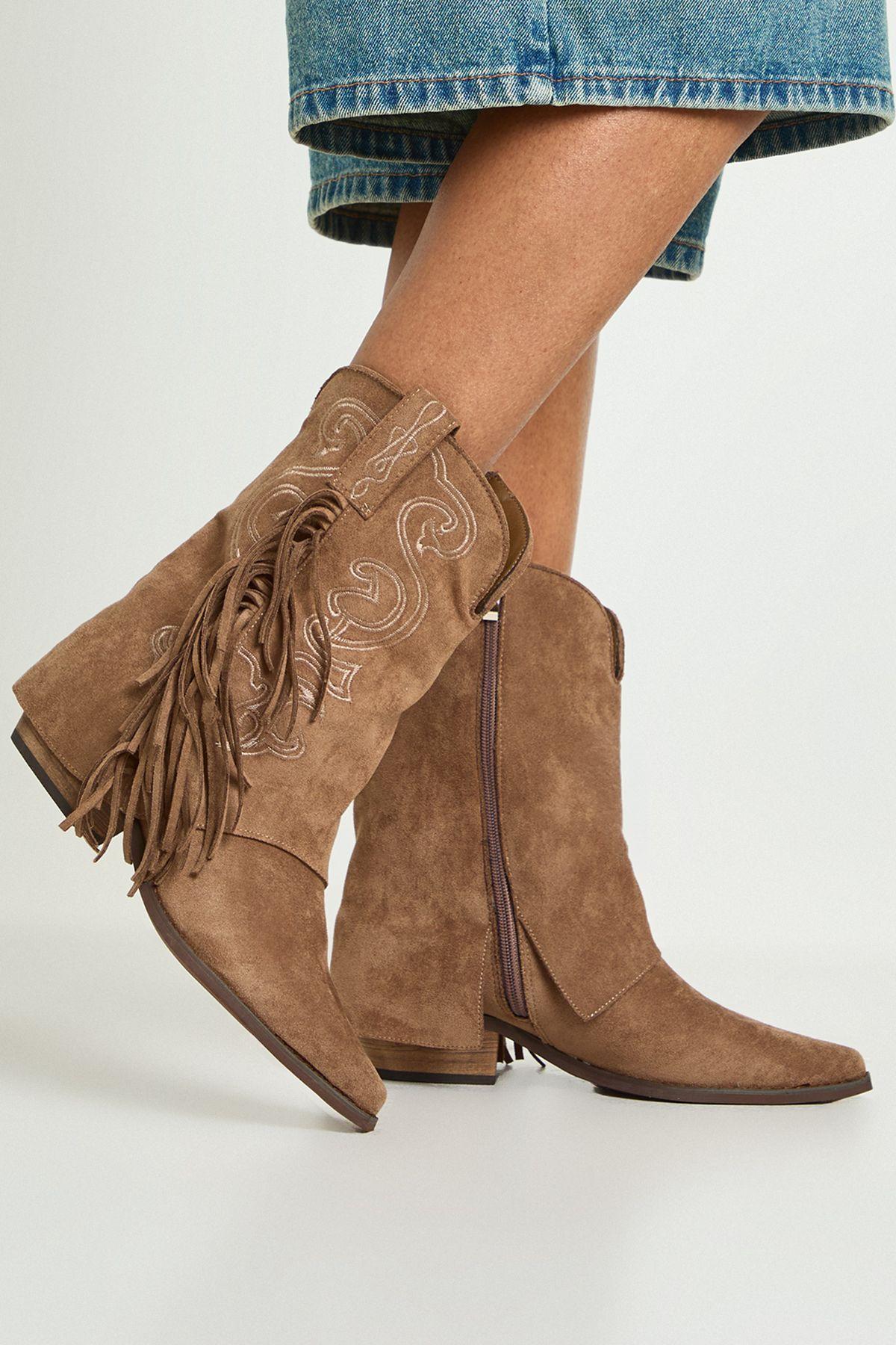 Faux Suede Fold Over Tassel Detail Calf High Western Boots by BOOHOO