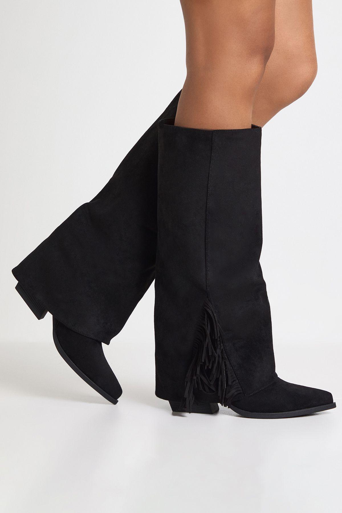 Faux Suede Fringe Detail Fold Over Knee High Western Boots by BOOHOO Faux Suede Fringe Detail Fold Over Knee High Western Boots by BOOHOO