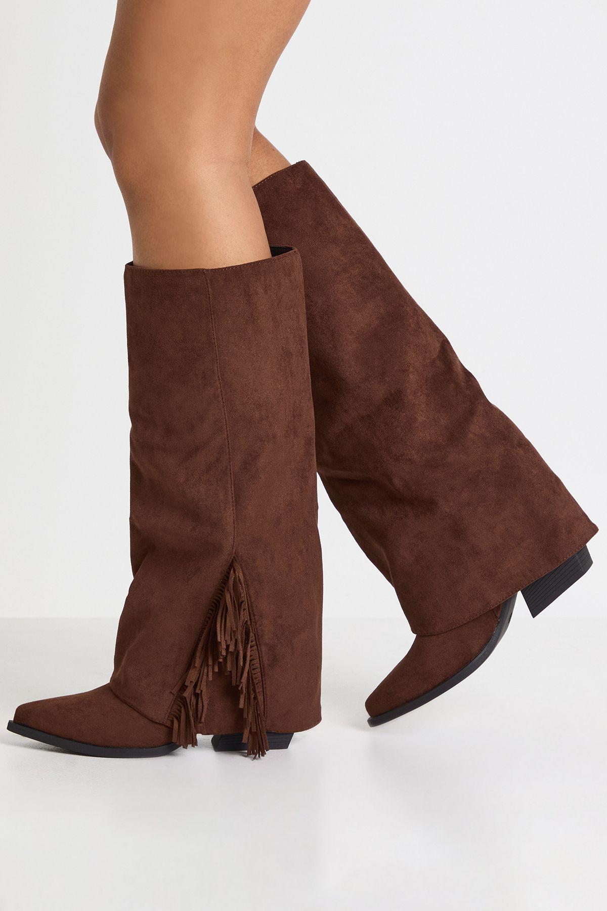 Faux Suede Fringe Detail Fold Over Knee High Western Boots by BOOHOO