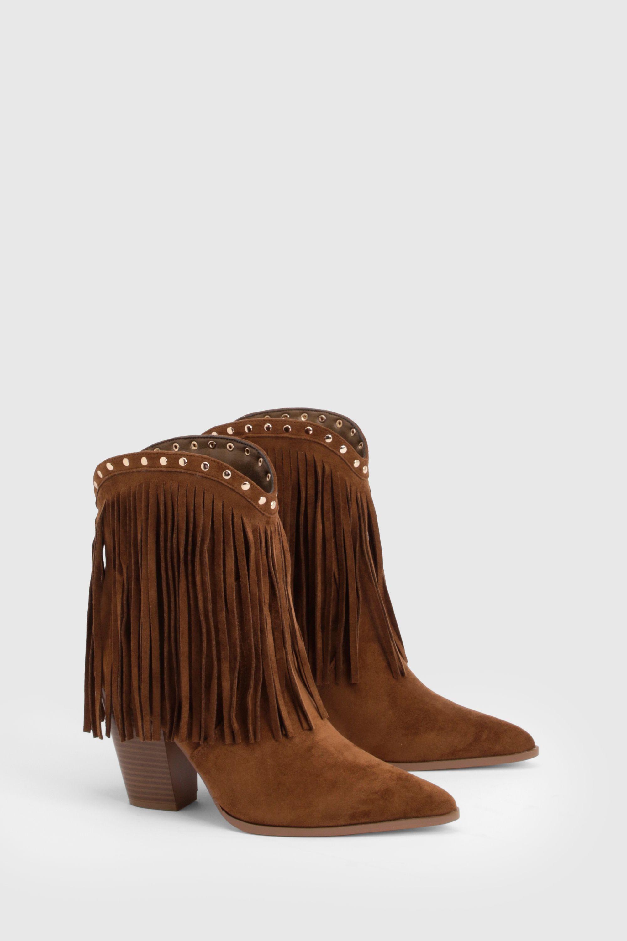 Faux Suede Fringe and Stud Detail Ankle Western Boots by BOOHOO