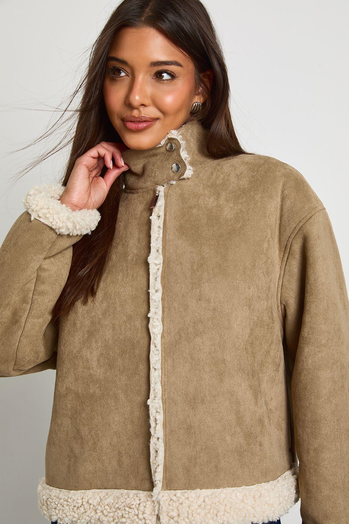 Faux Suede Funnel Neck Fur Lined Aviator by BOOHOO
