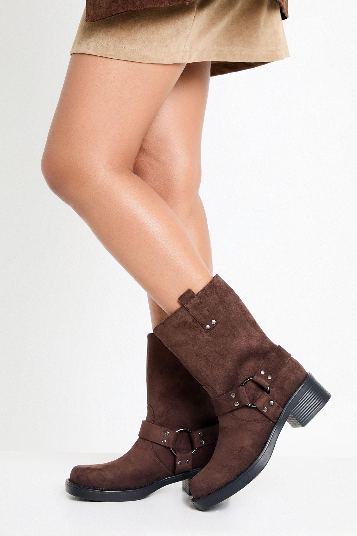 Faux Suede Harness Detail Biker Boots by BOOHOO