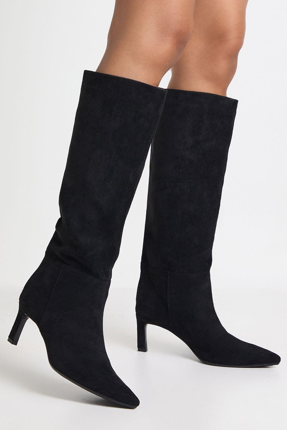 Faux Suede Low Stiletto Column Boots by BOOHOO