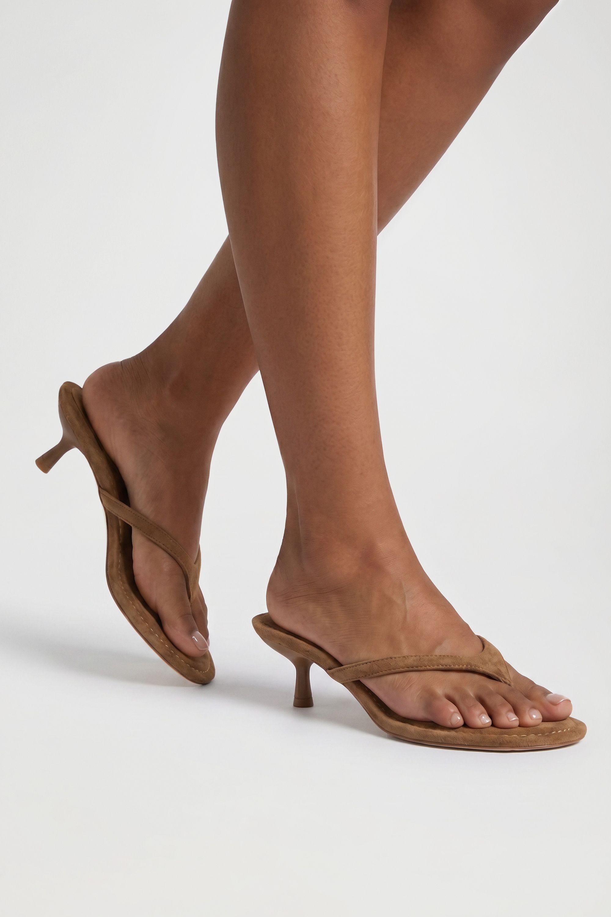 Faux Suede Low Stiletto Toe Post Heeled Mules by BOOHOO
