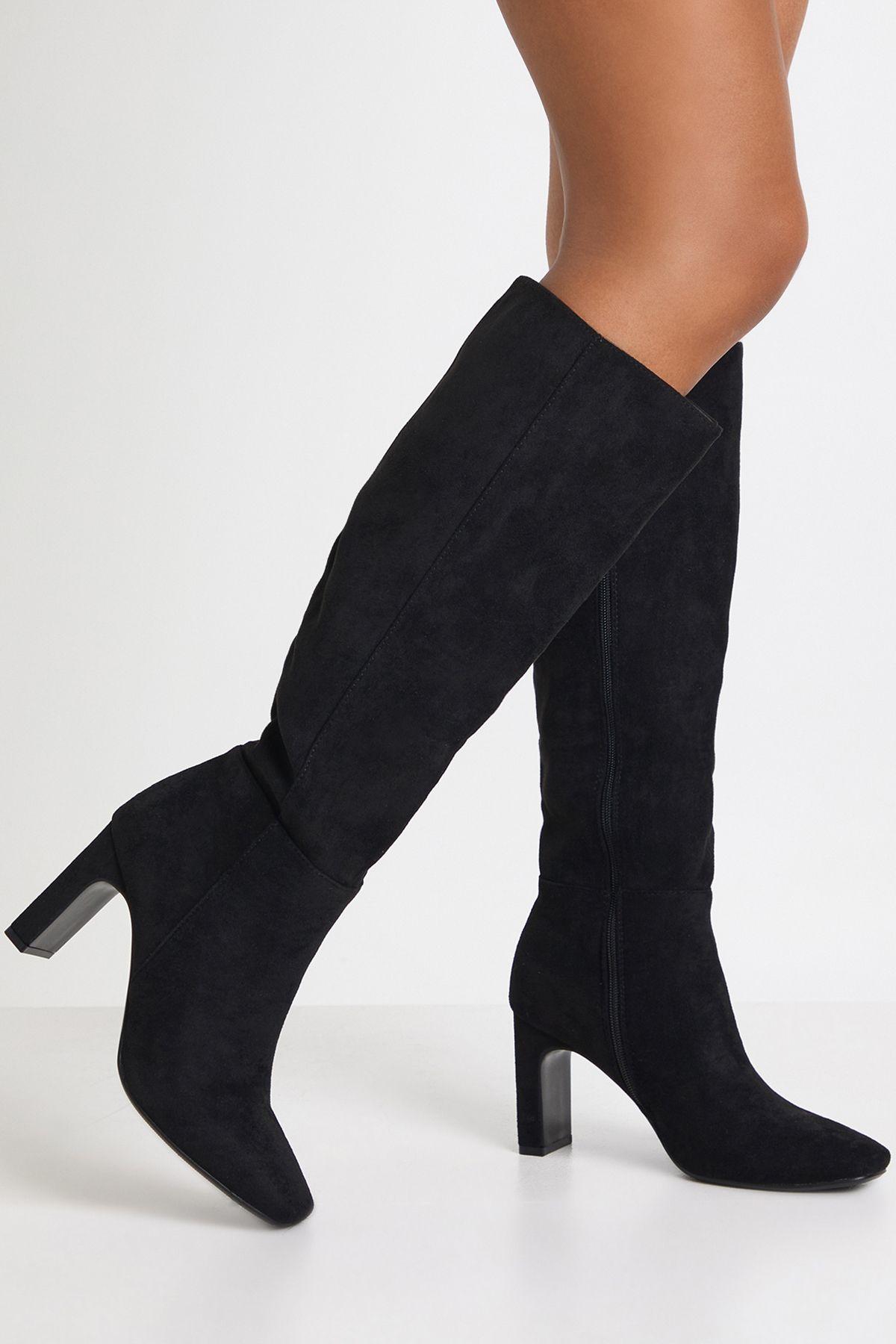 Faux Suede Mid Block Knee High Boots by BOOHOO